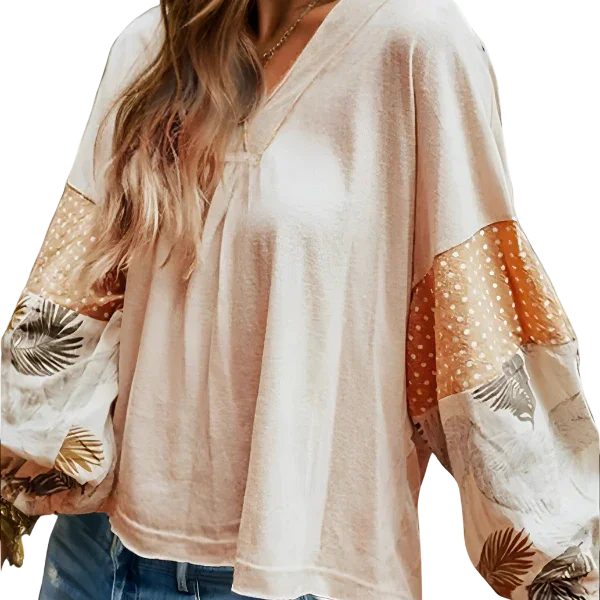 Floral Print Long Sleeve V-Neck Blouse - minbolu -