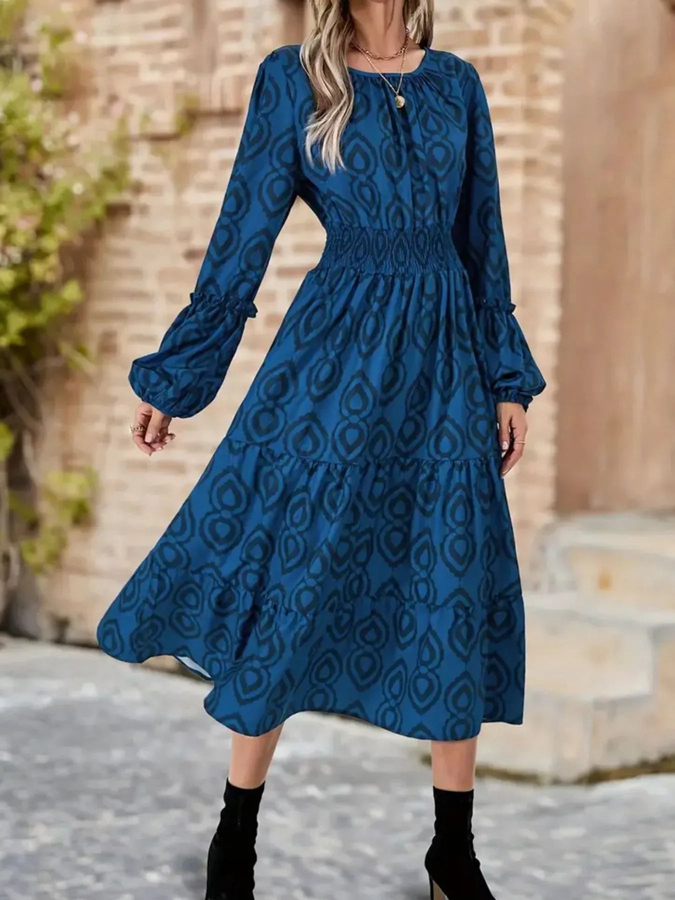 Printed Round Neck Balloon Sleeve Dress - minbolu -
