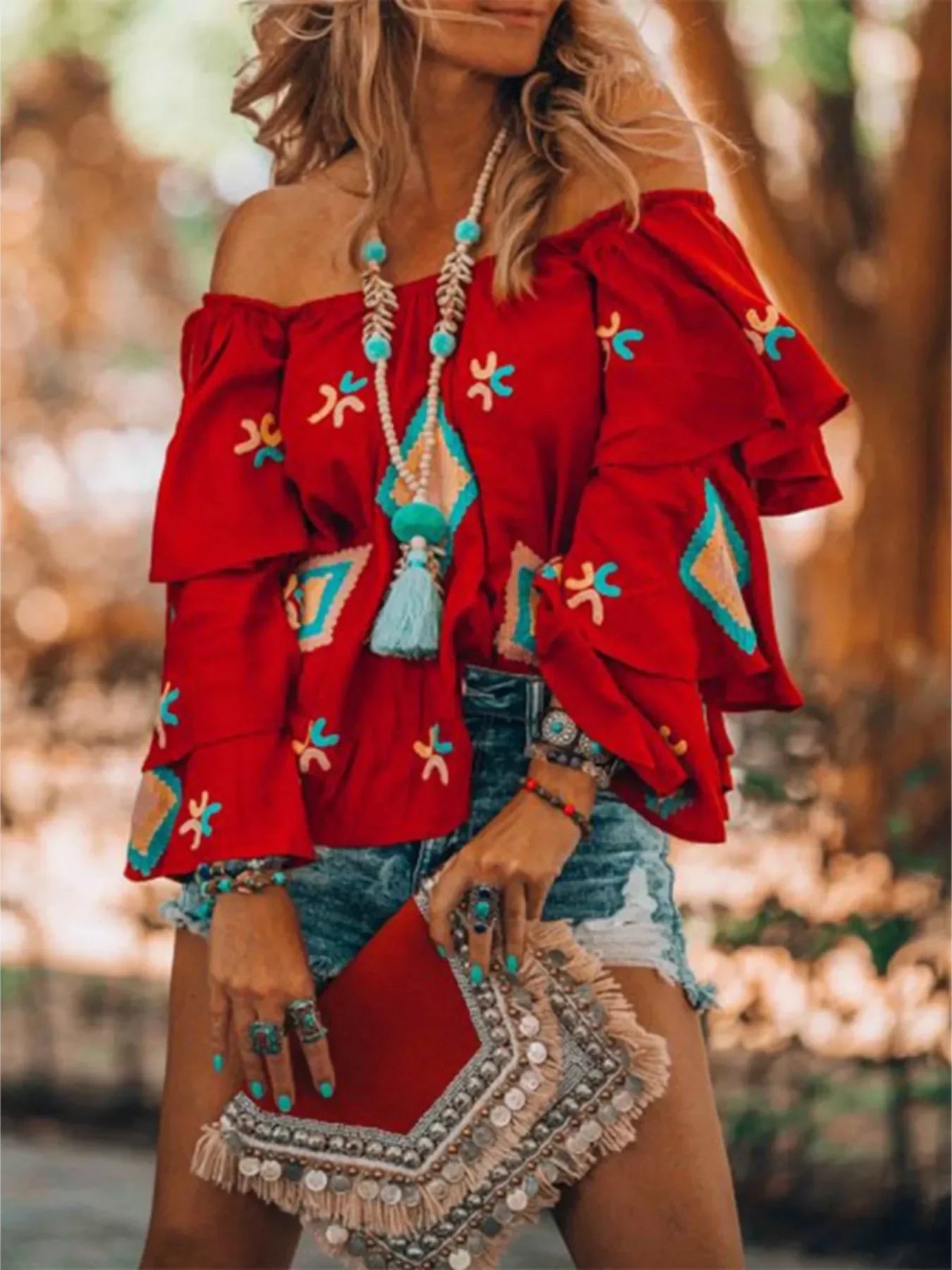 Full Size Off-Shoulder Layered Sleeve Blouse Plus Size - minbolu -