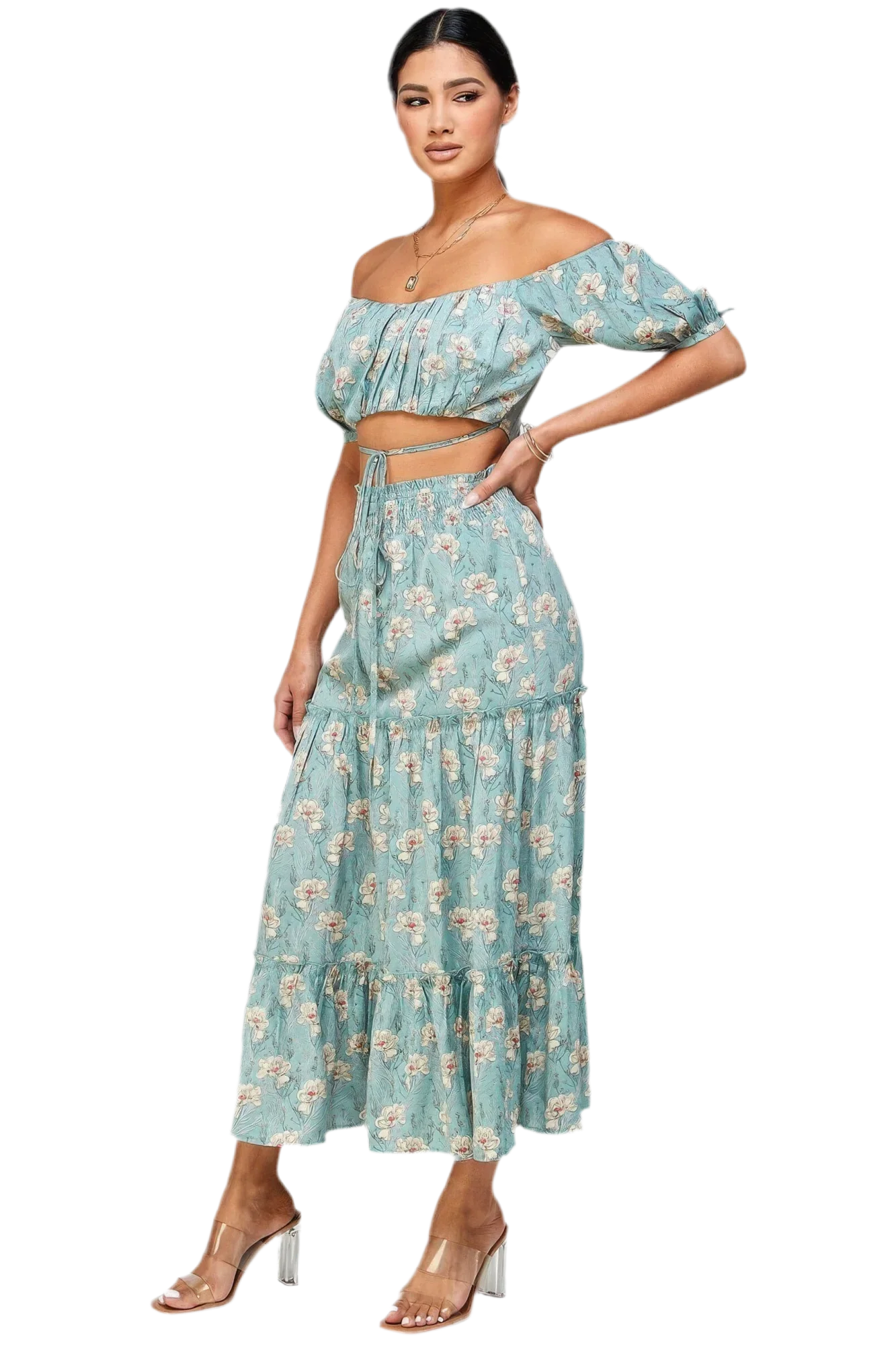 Floral Off Shoulder Top Skirt Set - Mint - minbolu -