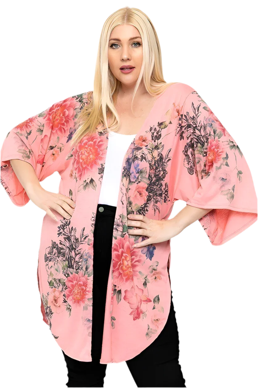 Floral Print Long Cardigan, Coral/Floral, Made in U.S.A - minbolu -