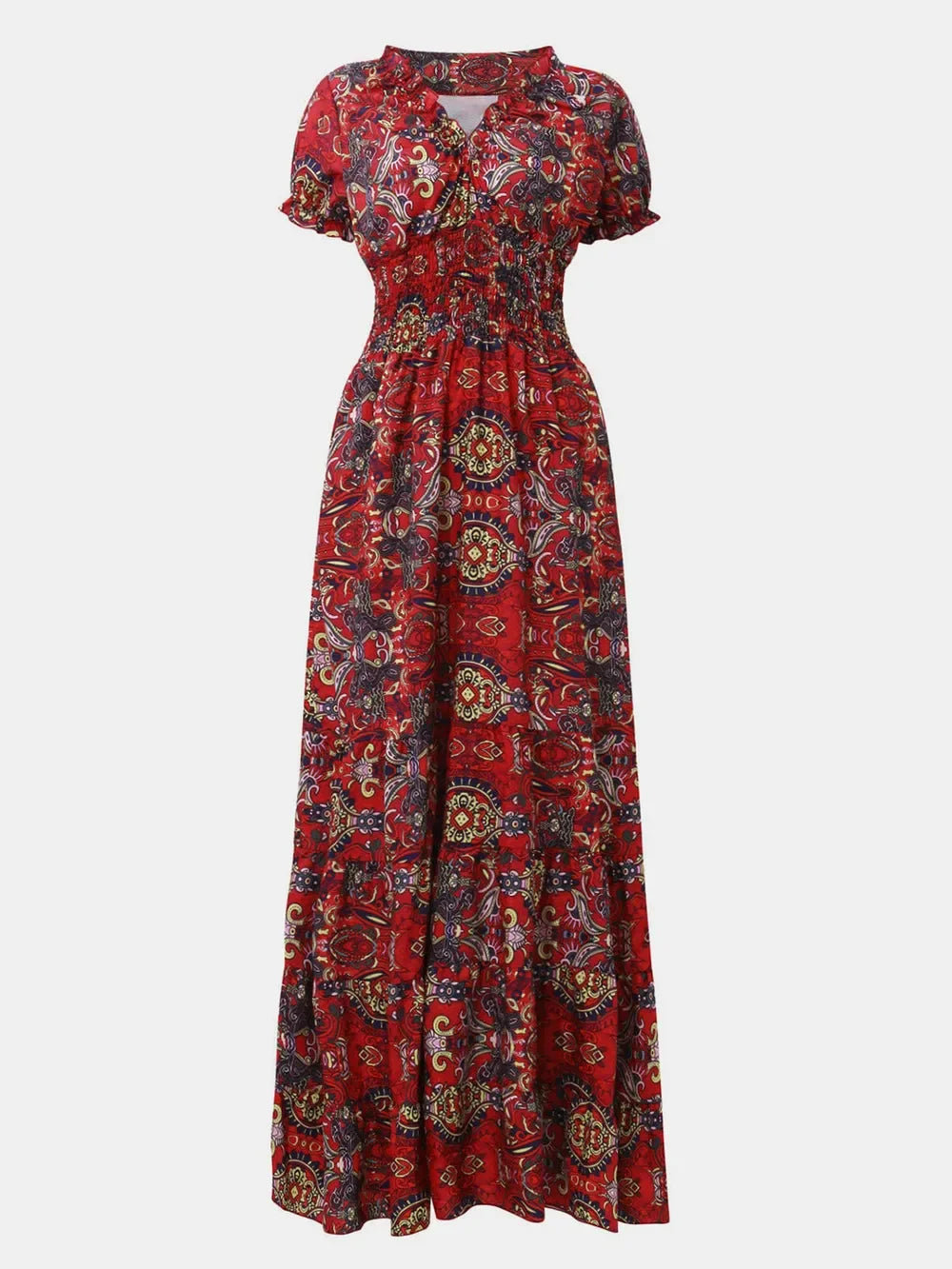 Full Size Smocked Printed V-Neck Short Sleeve Dress - minbolu -