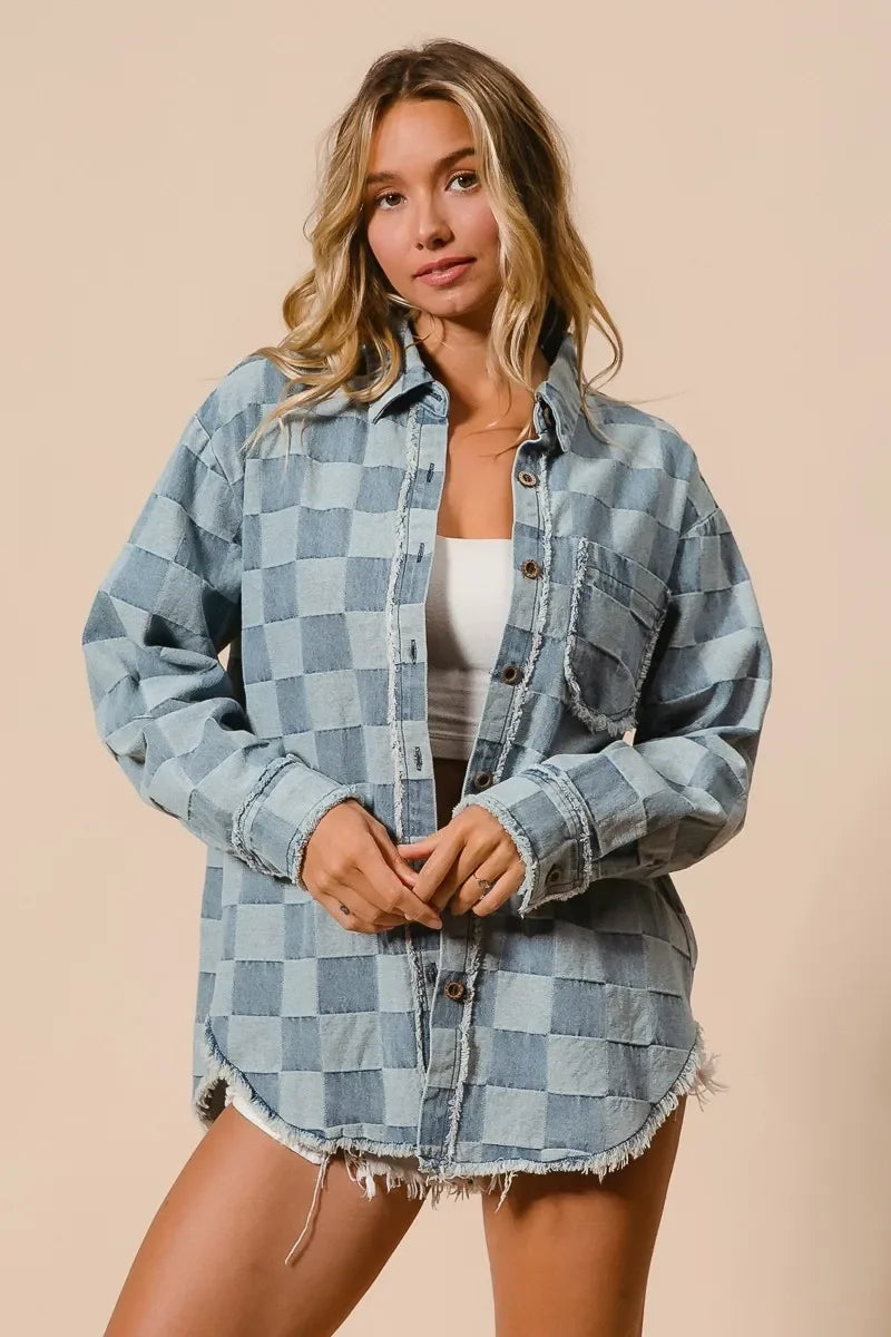 BiBi Frayed Edged Detail Washed Checker Denim Shirt - minbolu -
