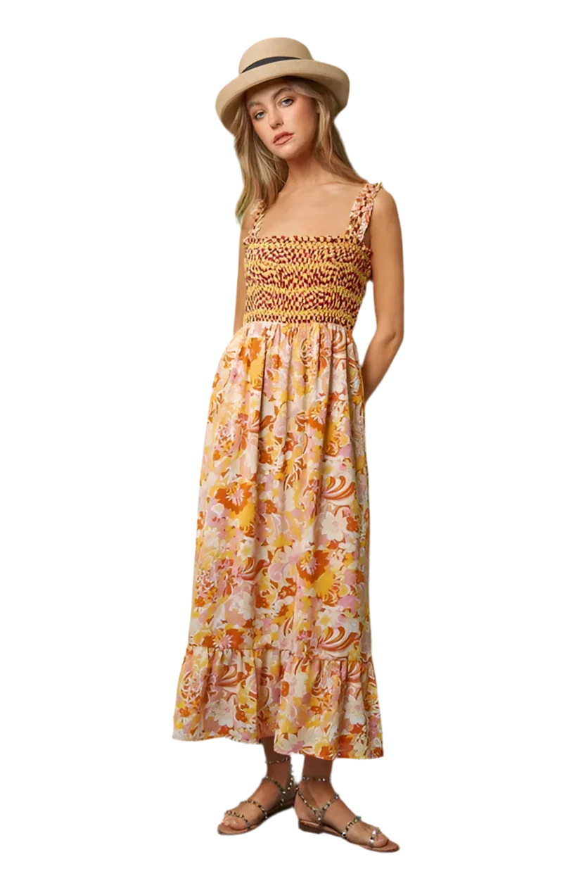 Multi Smocked Geo Ruffle Midi Dress - minbolu -