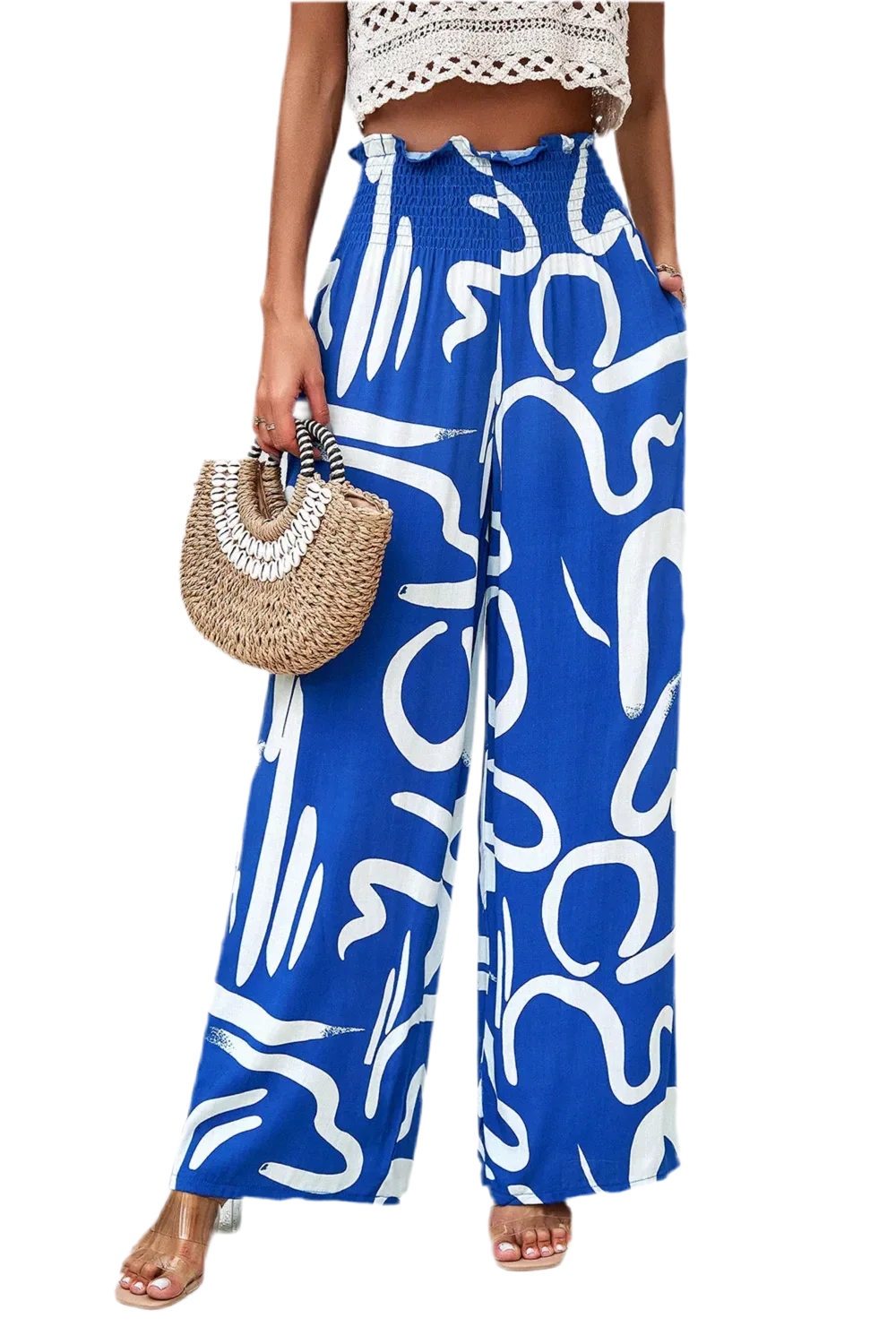 Printed Wide Leg Smocked Pants with Pockets - minbolu -