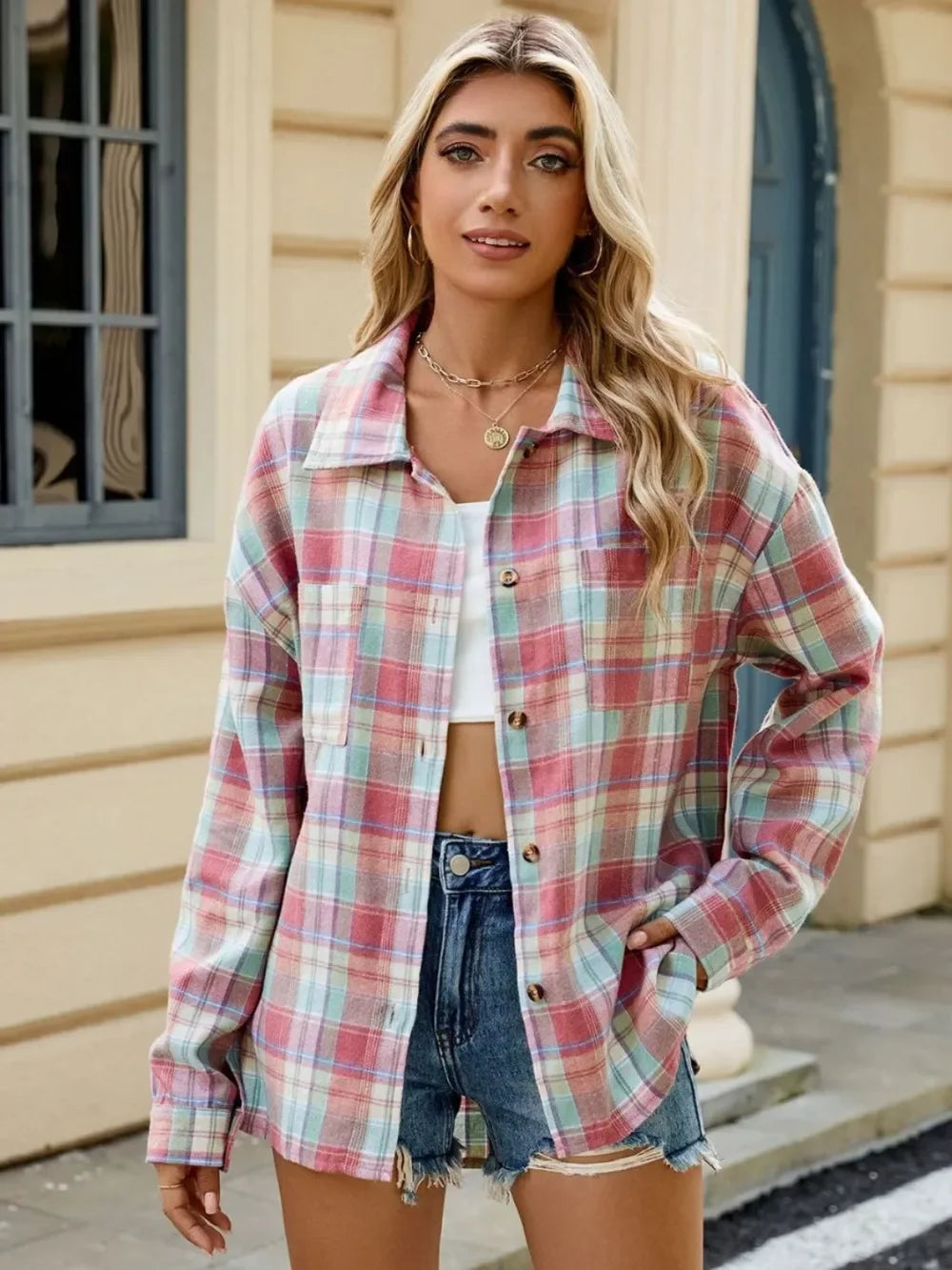 Plaid Collared Neck Long Sleeve Shirt: Burnt Coral - minbolu -