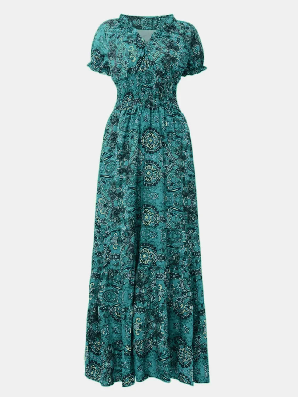 Full Size Smocked Printed V-Neck Short Sleeve Dress - minbolu -