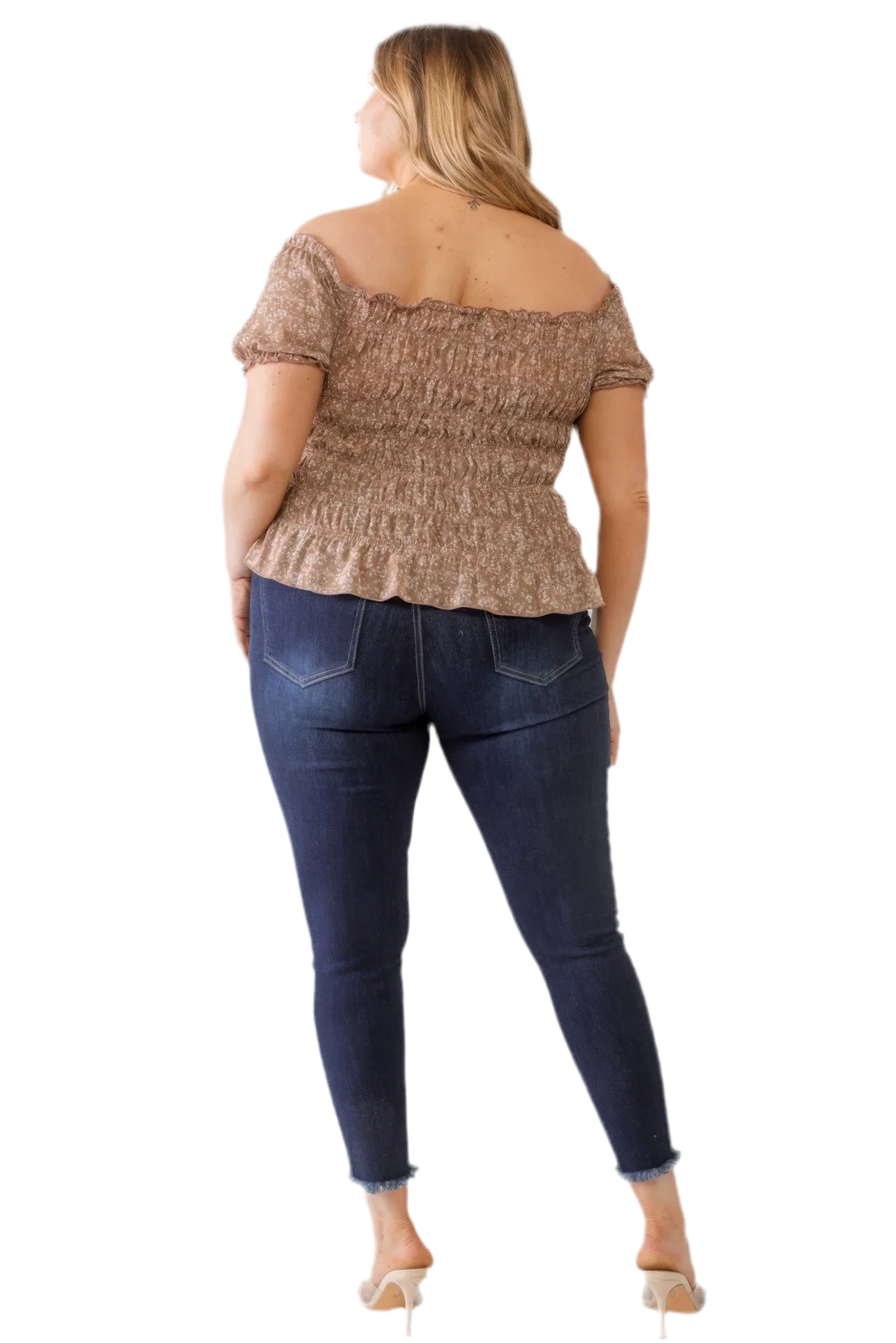 Plus Floral Chiffon Ruched Off-Shoulder Top - Mocha - minbolu -