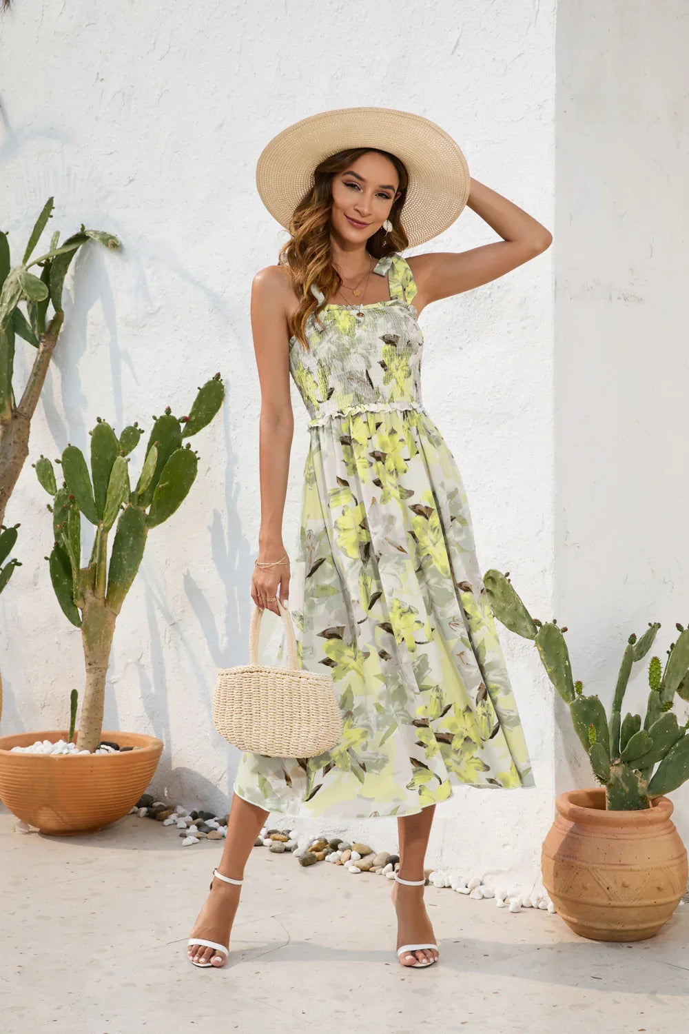 Printed Square Neck Midi Dress - minbolu -