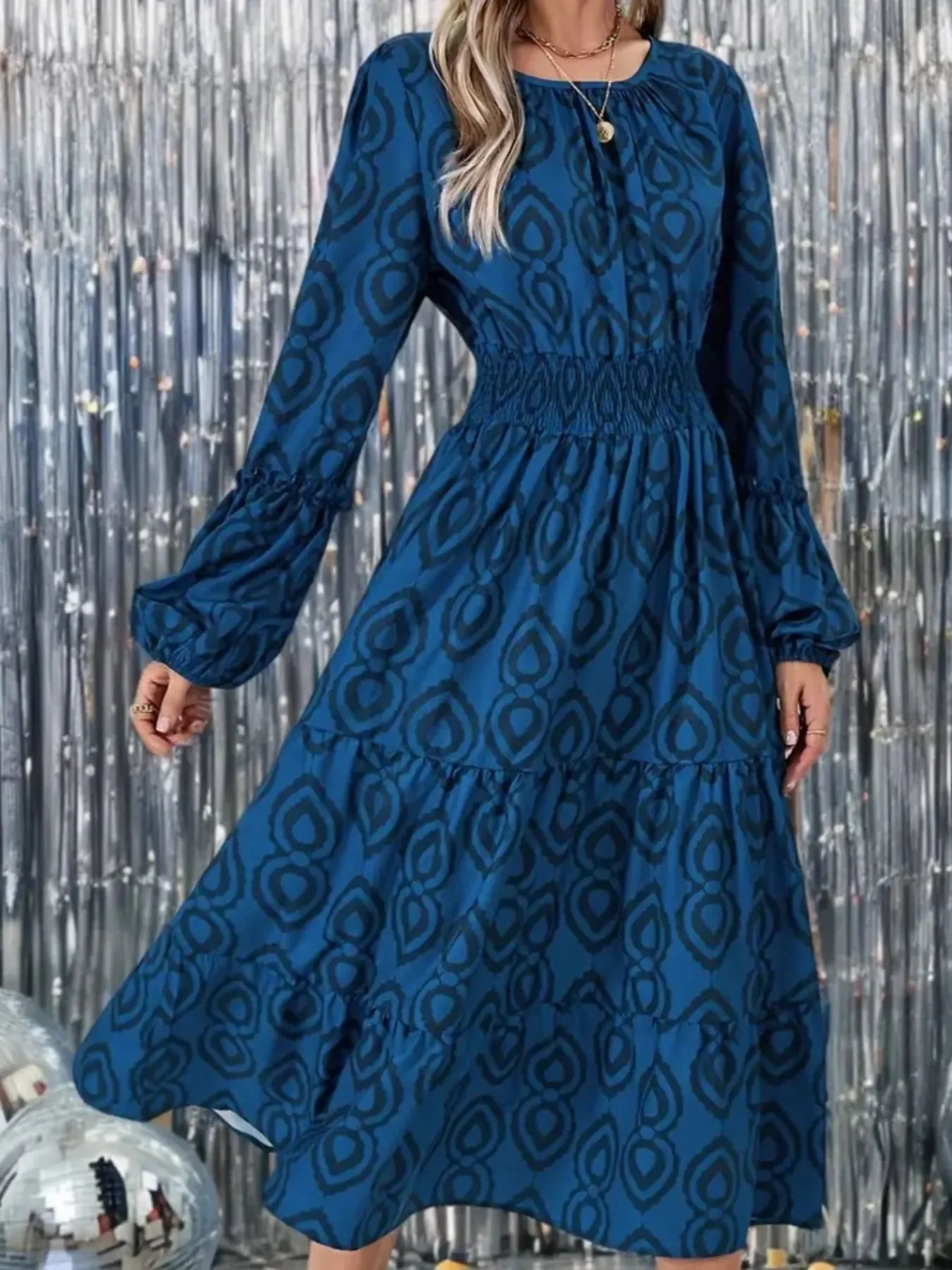 Printed Round Neck Balloon Sleeve Dress - minbolu -