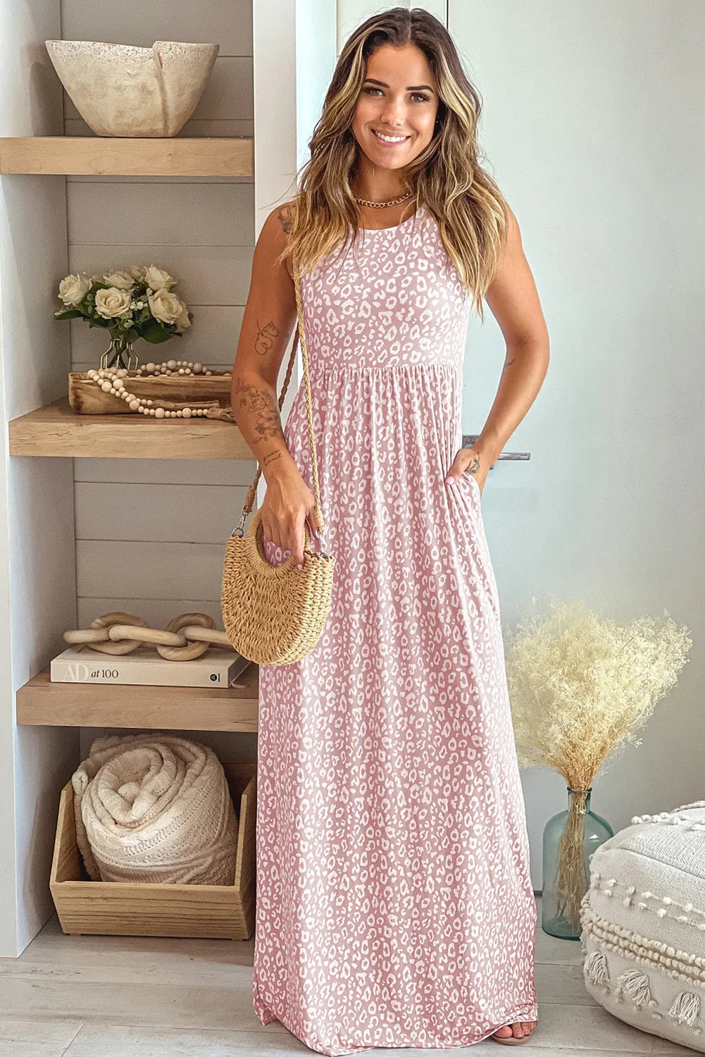 Pink Sleeveless Floor Length Leopard Print Dress with Pockets - minbolu -