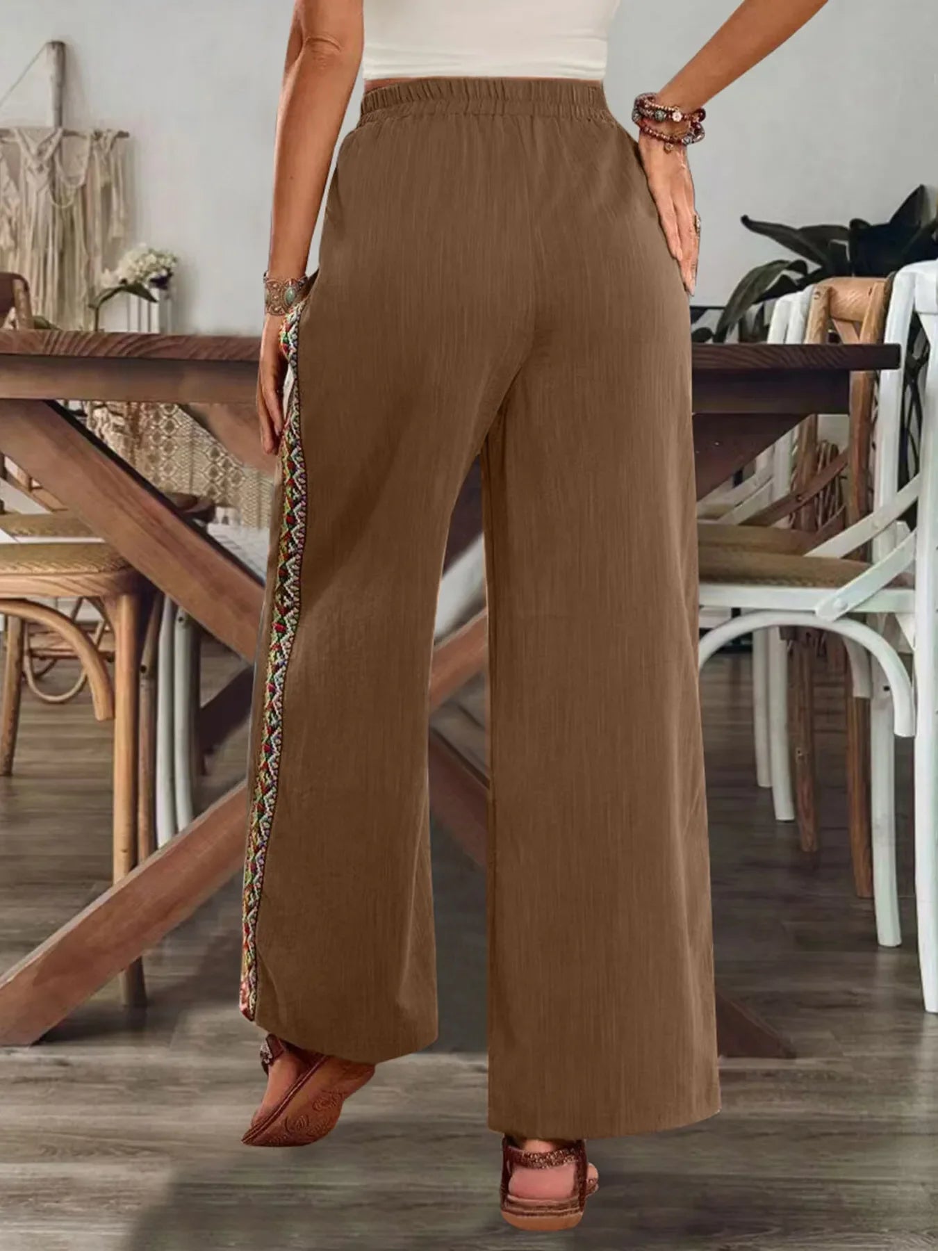 Bohemian Wide Leg Embroidered Side Stripe Pants - minbolu -