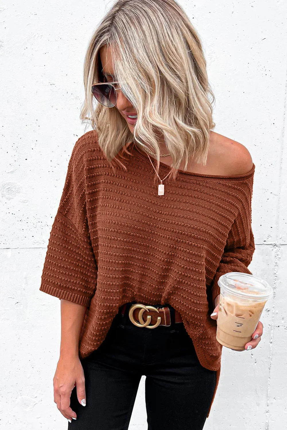 Brown Solid Color Rib-Knit Drop Sleeve Side Slits Top - minbolu -