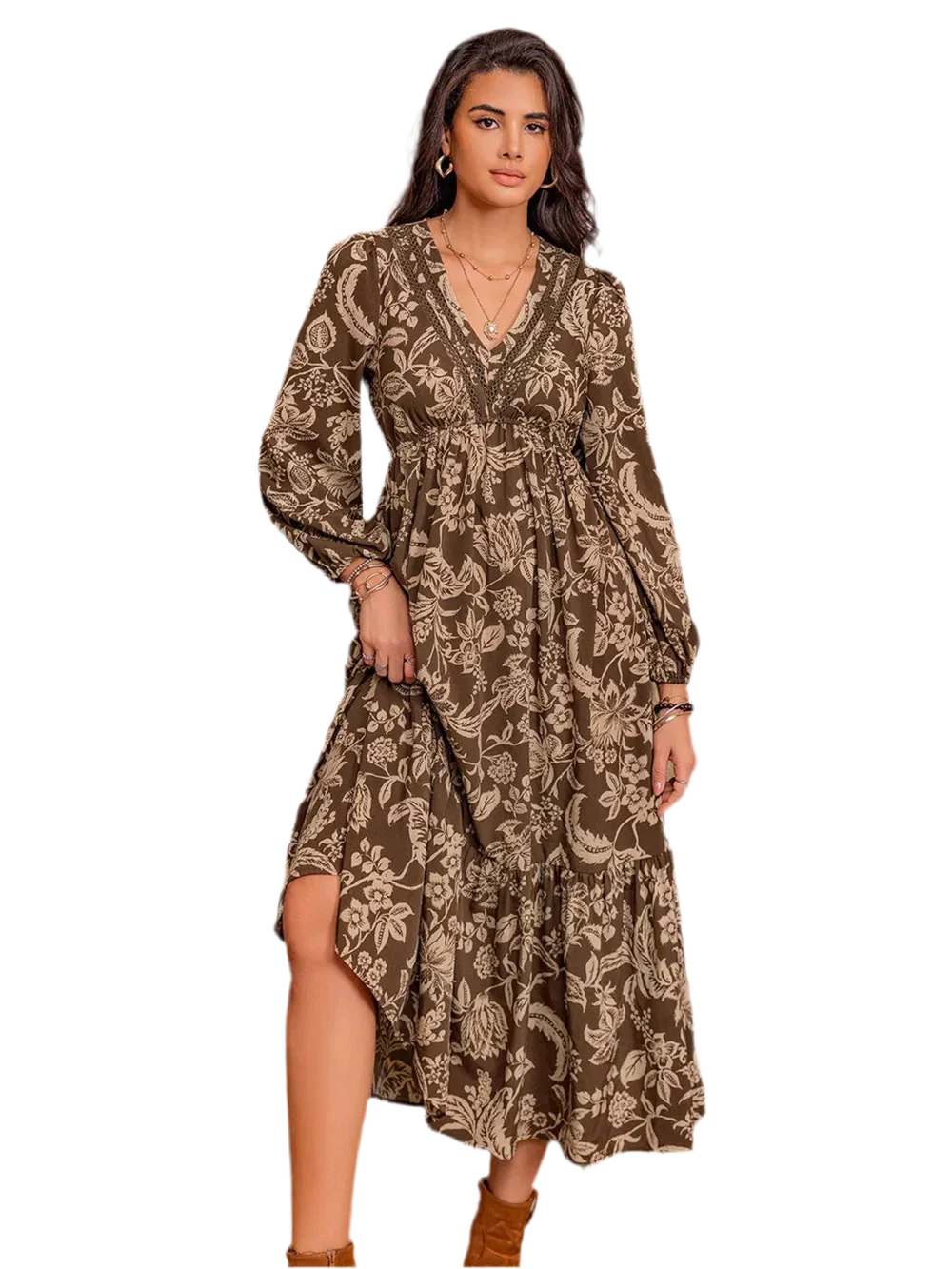 Printed V-Neck Ruched Long Sleeve Midi Dress - minbolu -