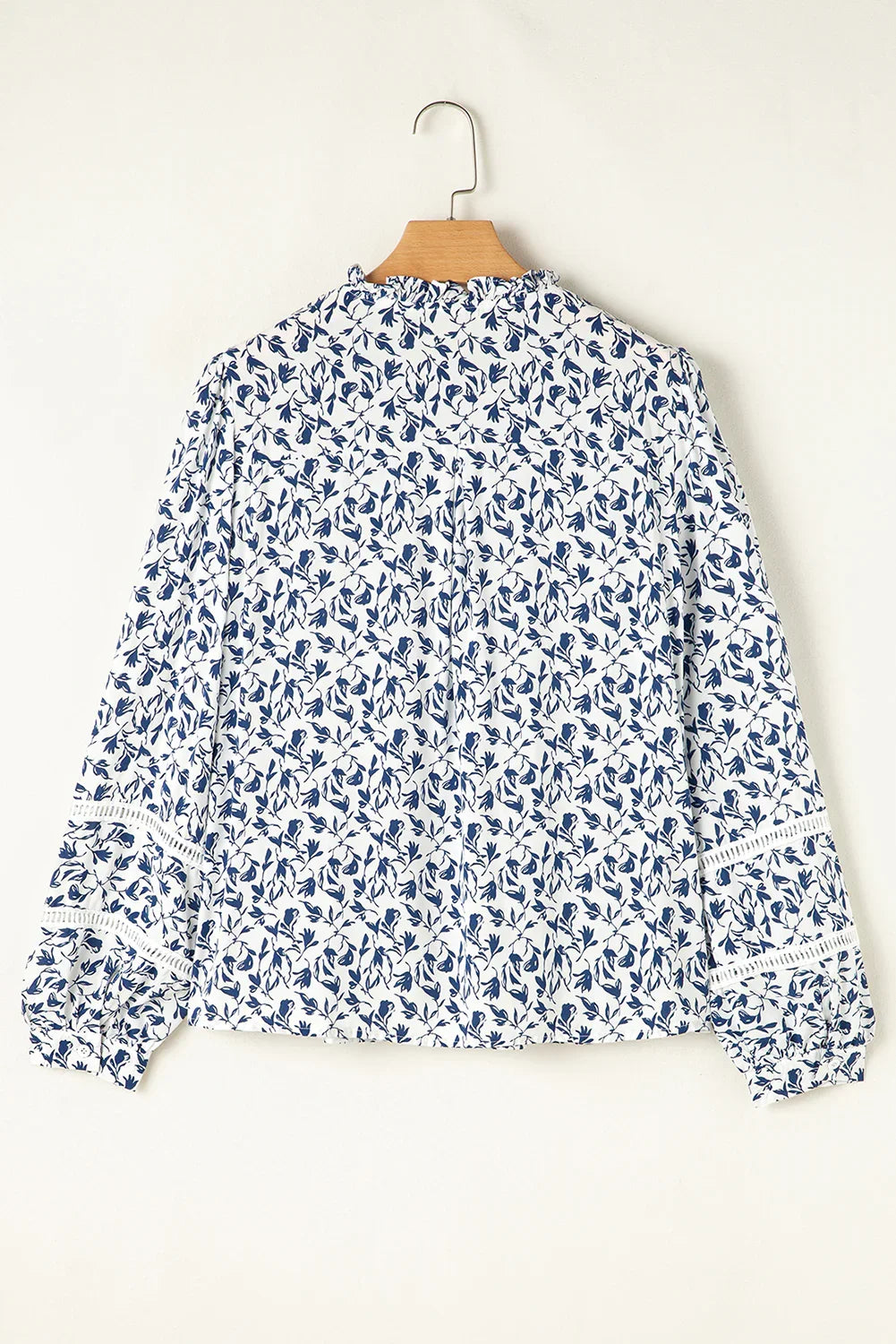 Blue Floral Print Lace Detail Puff Sleeve Shirt - minbolu -