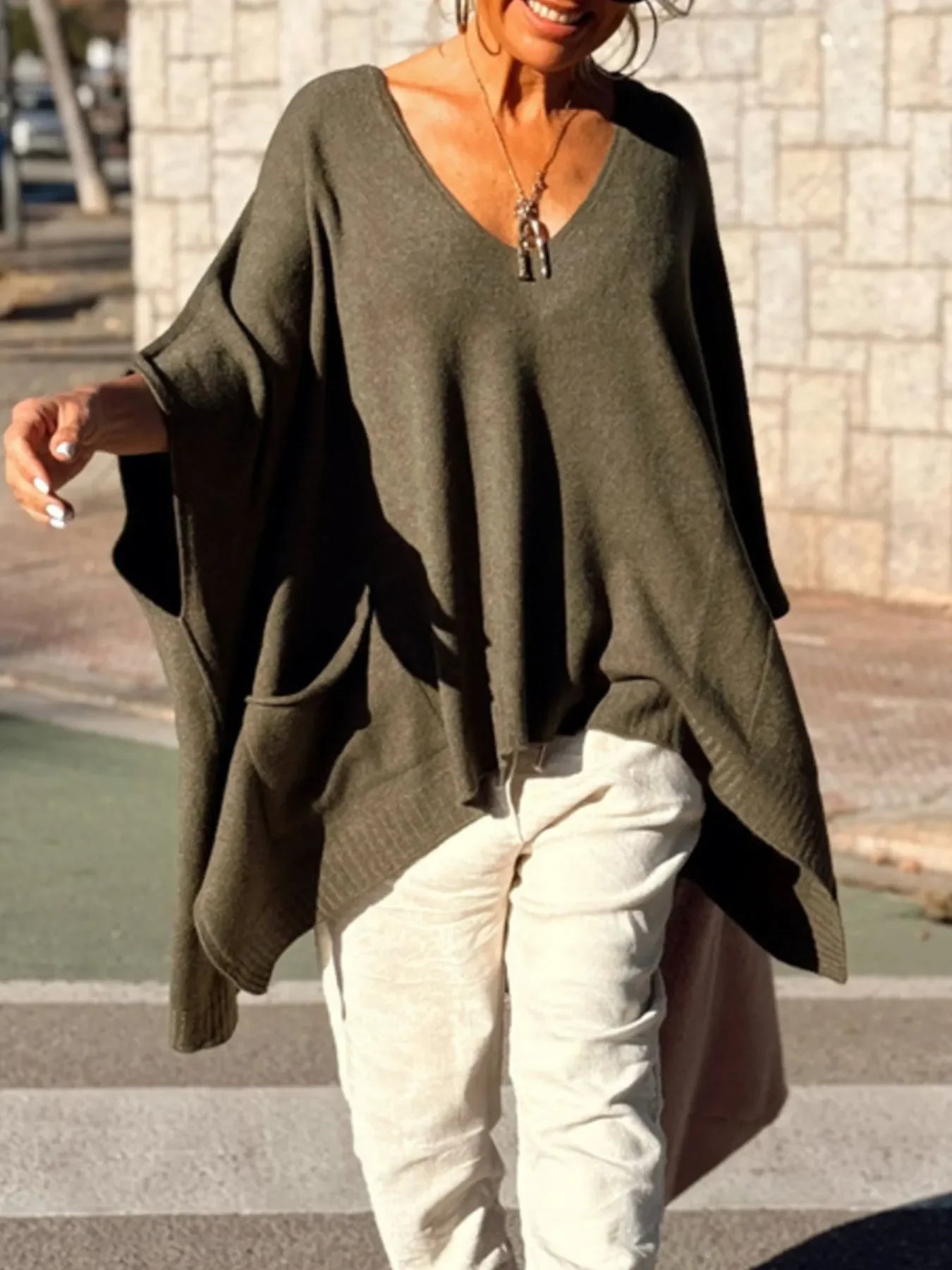 Ribbed Hem V-Neck Sweater - minbolu -