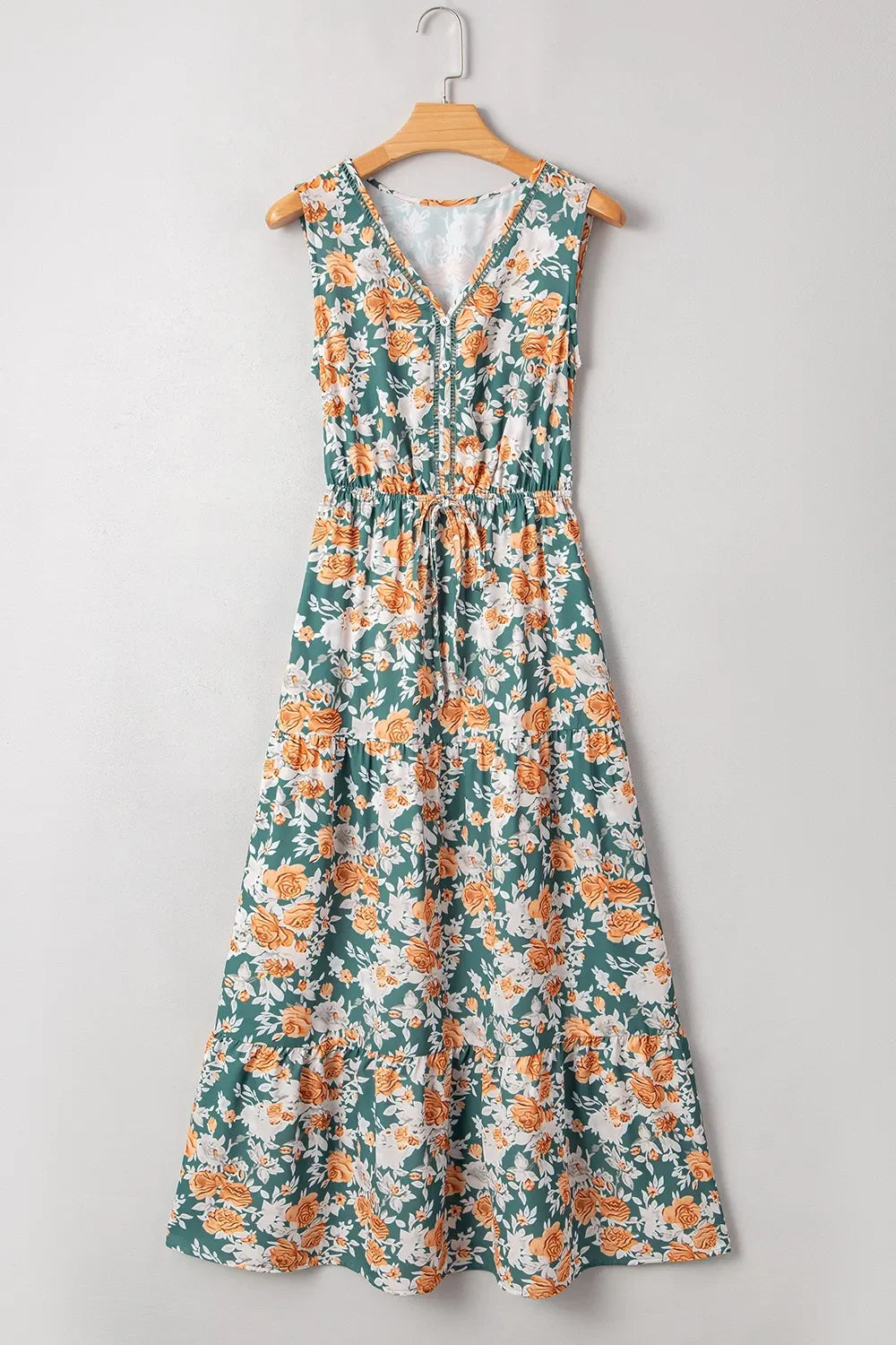 Floral Print Trimmed V Neck Tie Waist Sleeveless Dress - minbolu -