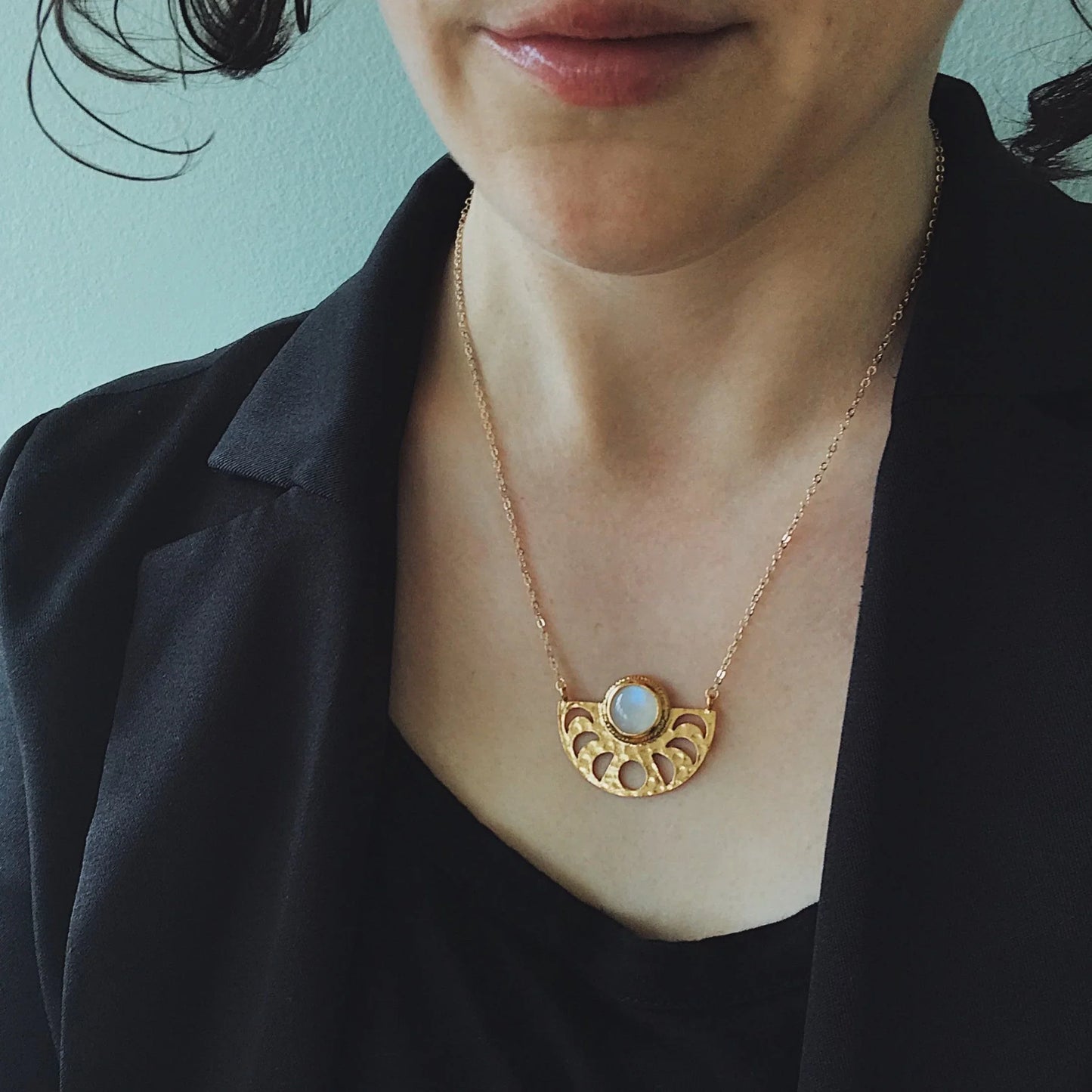 Moon Goddess Necklace - Moon Phases Rainbow Moonstone Pendant - minbolu -
