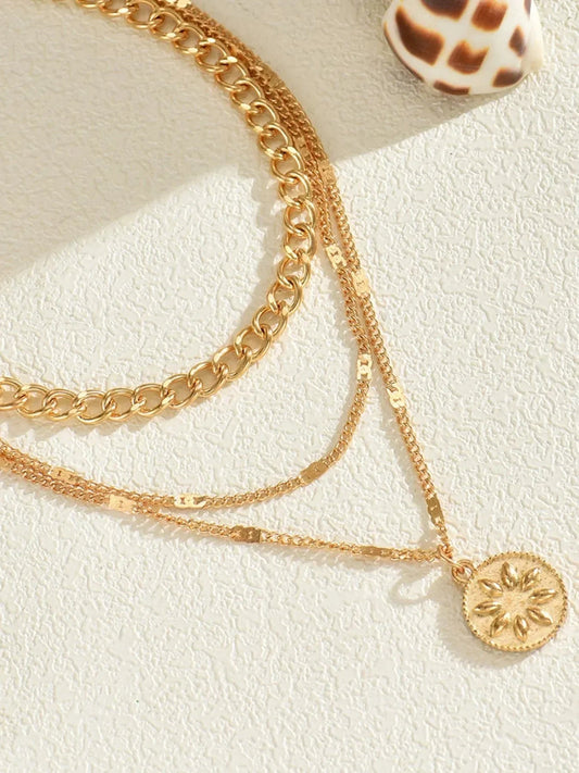 18K Gold-Plated Layered Necklace with Sun Medallion Pendant - minbolu -