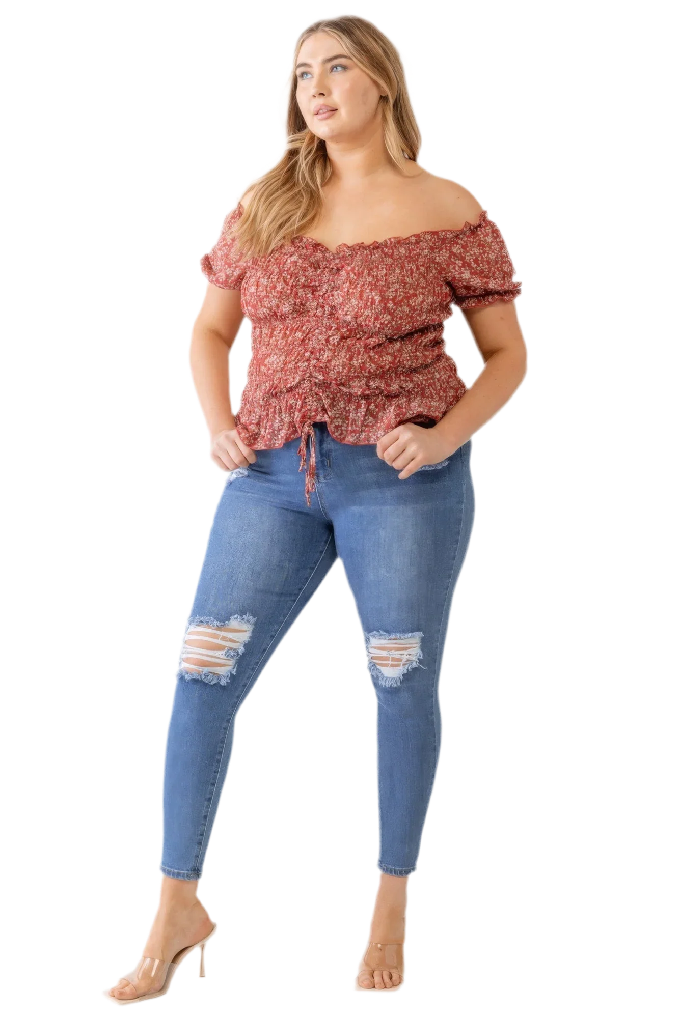 Plus Floral Chiffon Ruched Off-Shoulder Top - Red - minbolu -