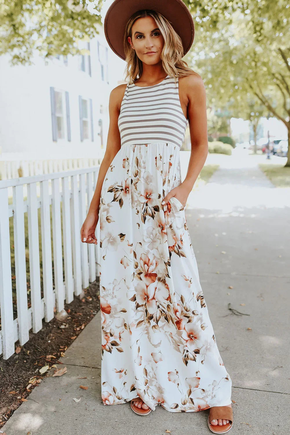 White Boho Stripes & Floral Print Floor Length Tank Dress - minbolu -