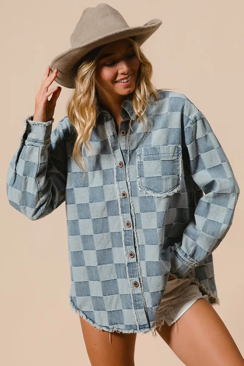 BiBi Frayed Edged Detail Washed Checker Denim Shirt - minbolu -