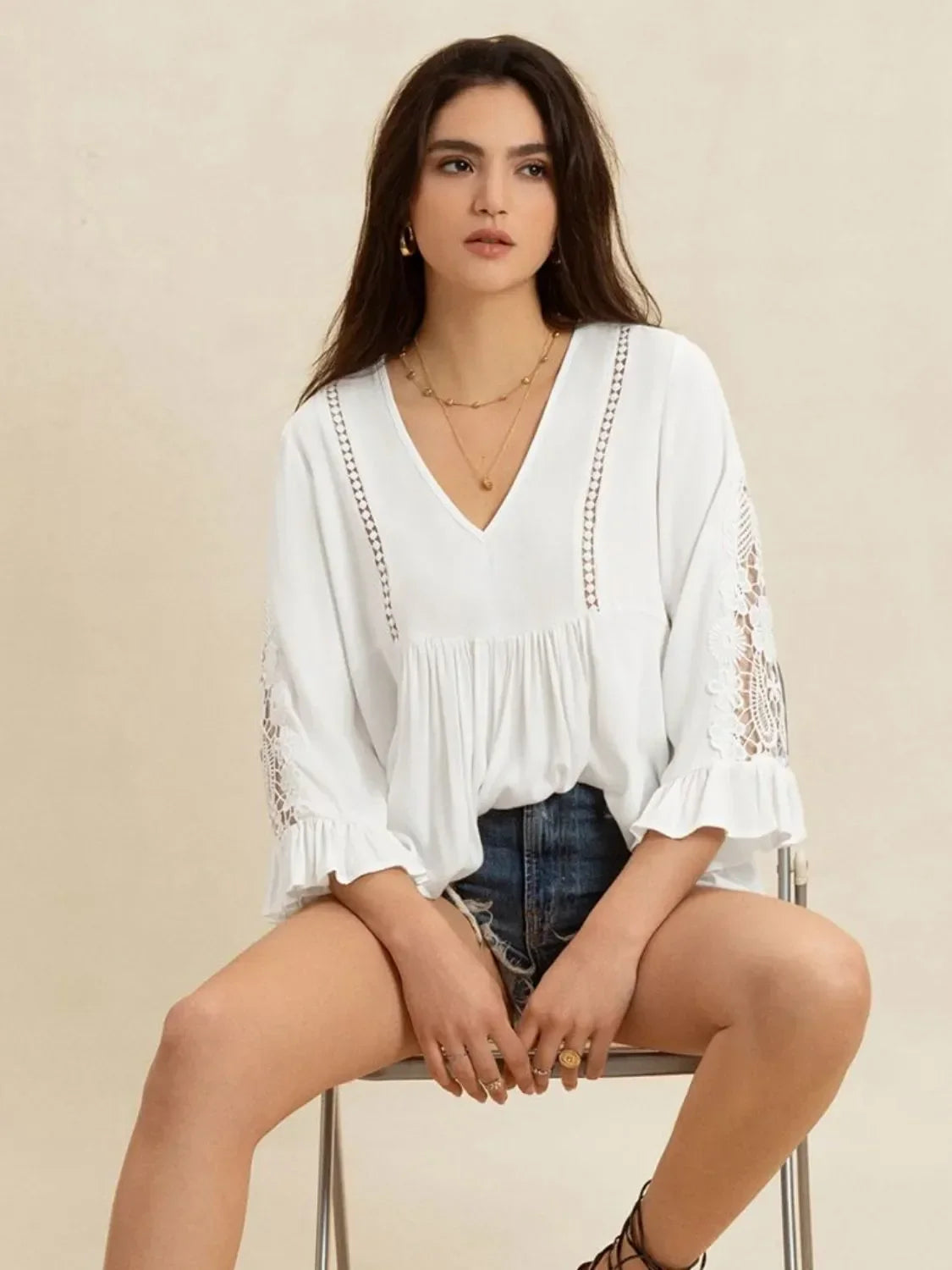 V-Neck Lace Flounce Sleeve Top - minbolu -