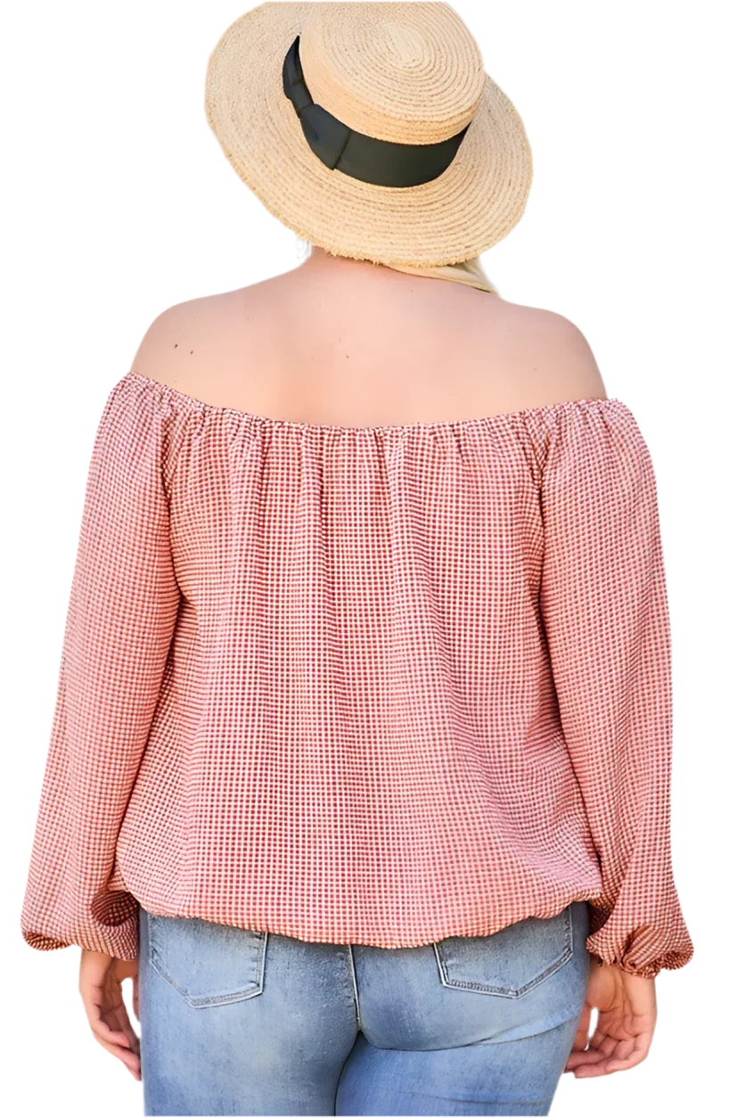 Off Shoulder Long Bubble Sleeve Plaid Top in Brick - minbolu -