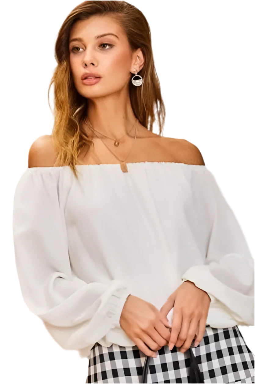 White Off-Shoulder Bubble Sleeve Top - minbolu -