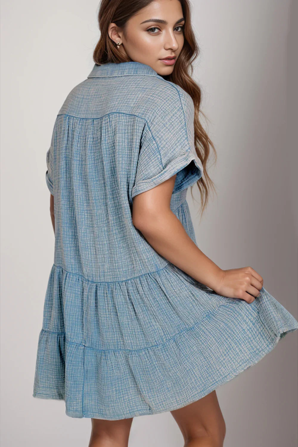 Tiered Notched Short Sleeve Dress - 100% Cotton - minbolu -