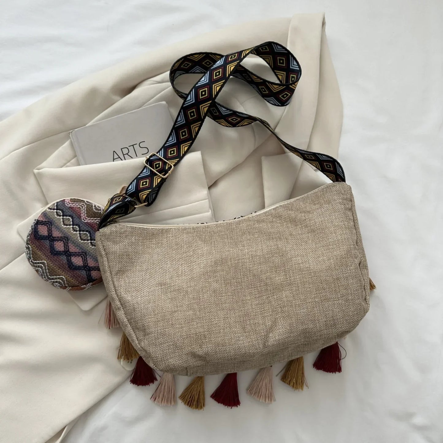 Printed Tassel Crossbody Bag with Small Purse - minbolu -