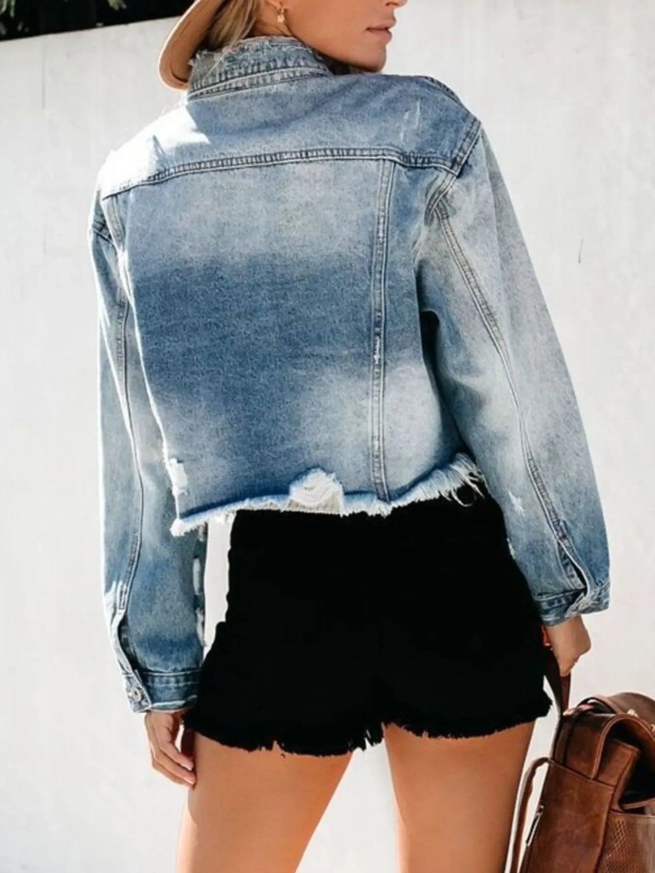 Distressed Raw Hem Denim Jacket - minbolu -