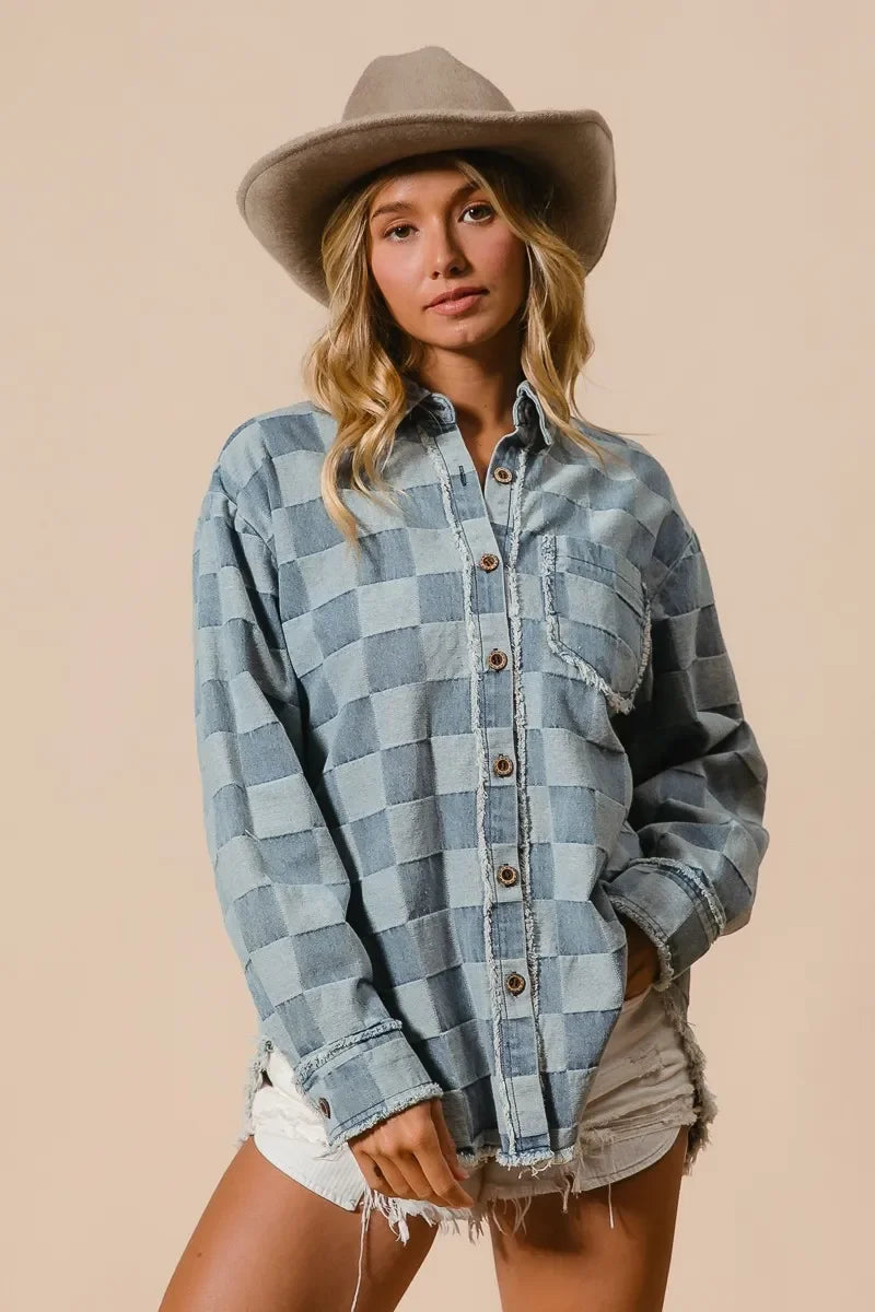BiBi Frayed Edged Detail Washed Checker Denim Shirt - minbolu -