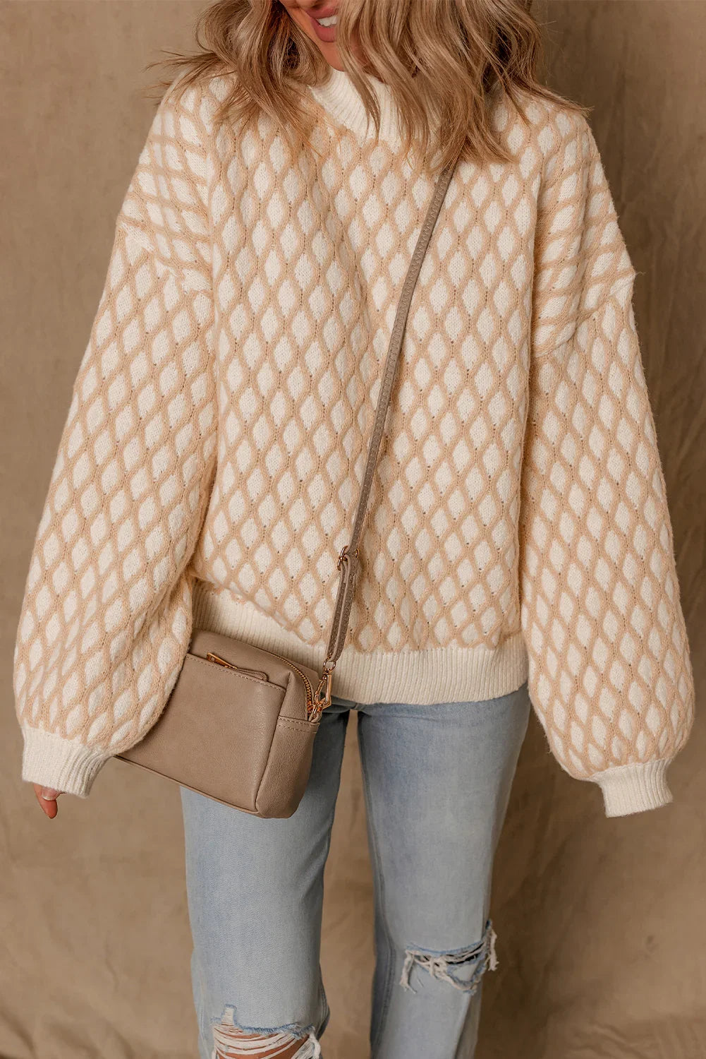Smoke Gray Checkered Textured Knit Mock Neck Sweater - minbolu -