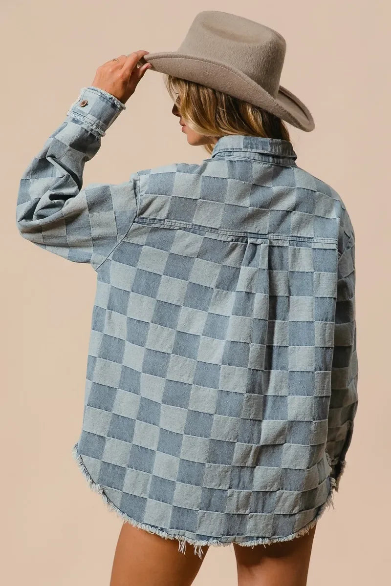 BiBi Frayed Edged Detail Washed Checker Denim Shirt - minbolu -