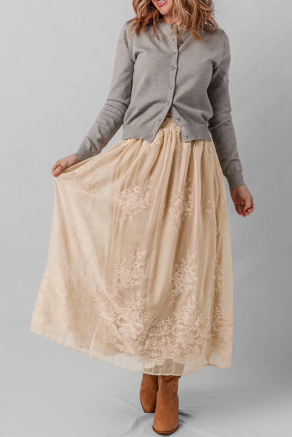 Oatmeal Embroidered Mesh Overlay Flowy Long Skirt - minbolu -
