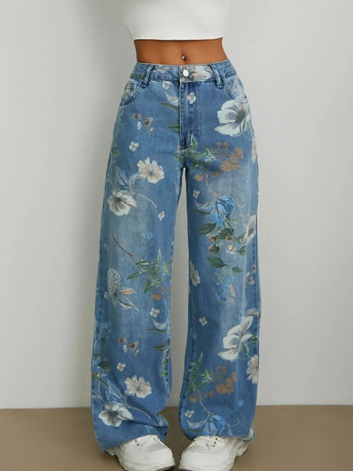 Printed Wide Leg Jeans - minbolu -