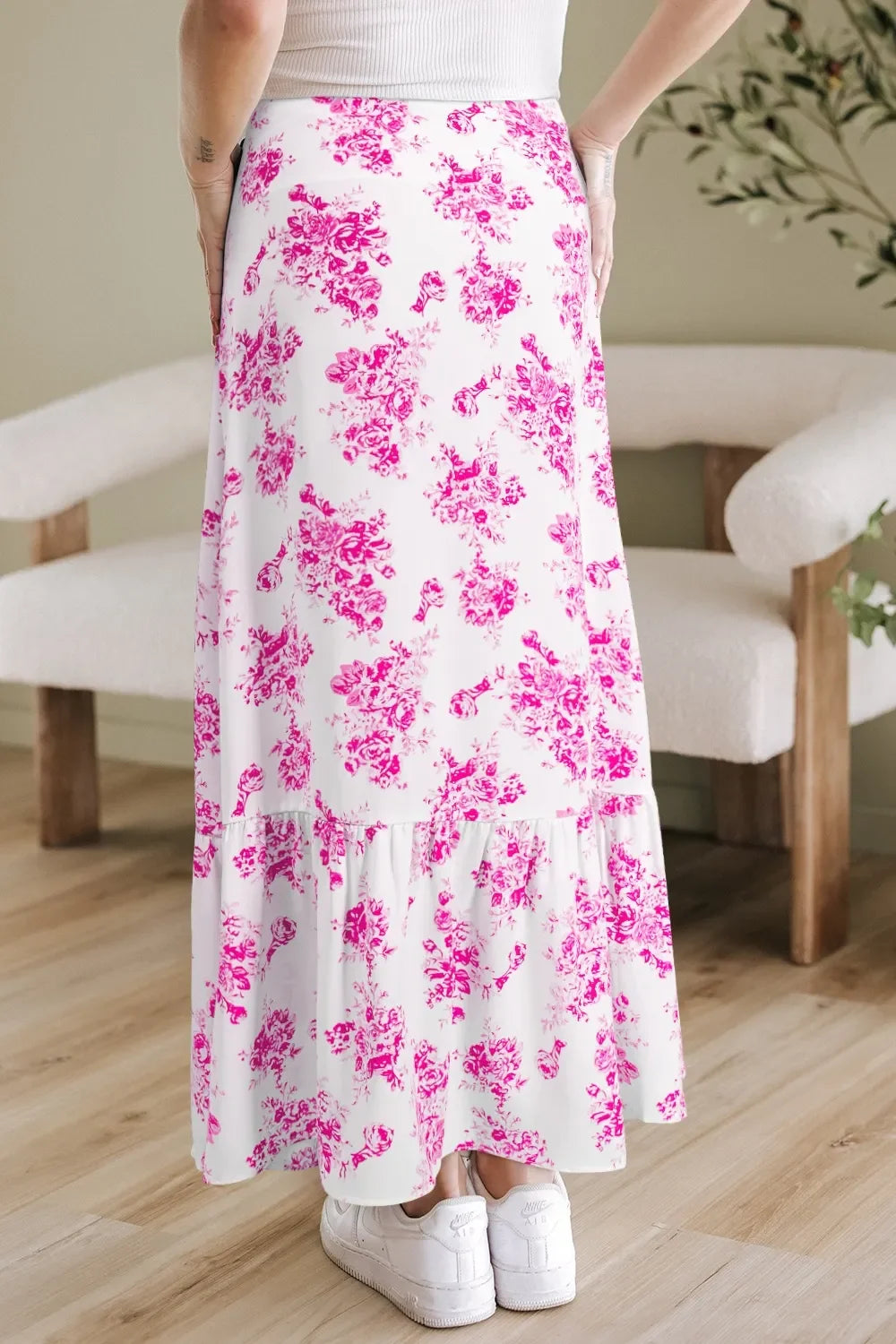 Boho Floral High Waist Ruffle Split Maxi Skirt - minbolu -