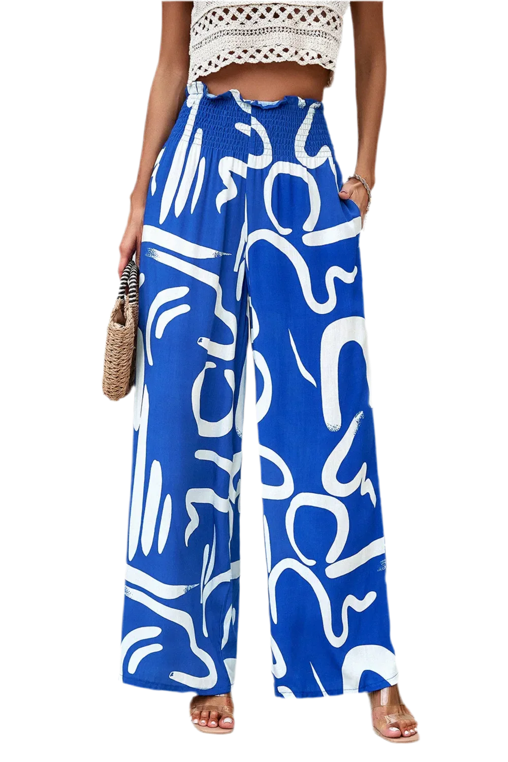 Printed Wide Leg Smocked Pants with Pockets - minbolu -