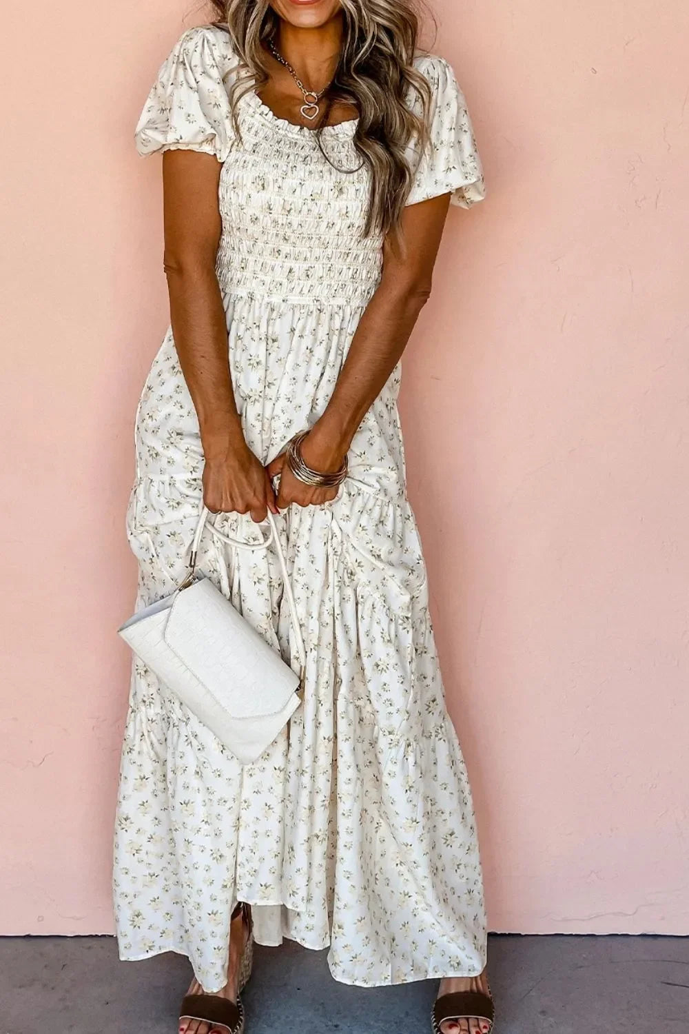 Floral Smocked Maxi Dress with Puff Sleeves - minbolu -