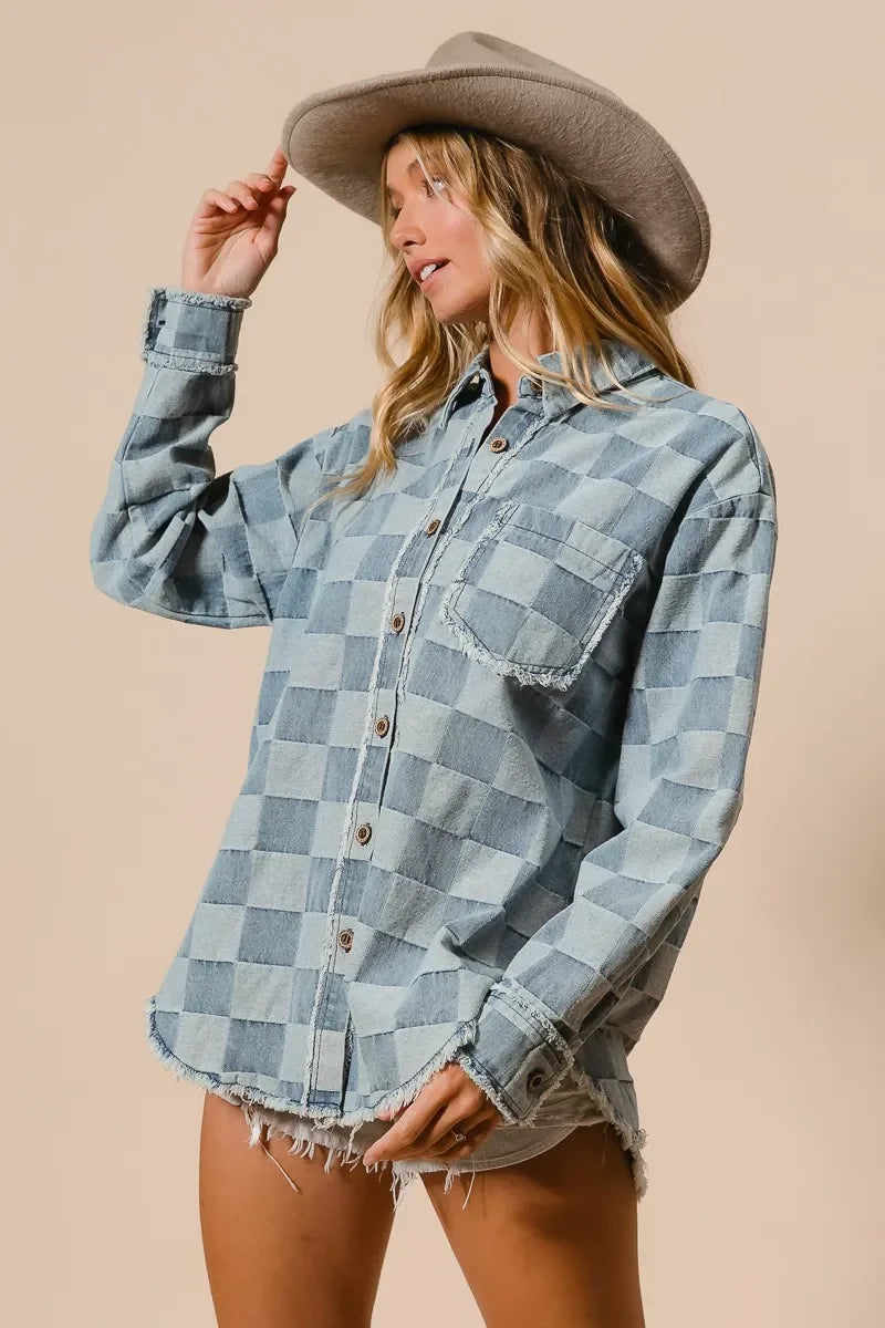 BiBi Frayed Edged Detail Washed Checker Denim Shirt - minbolu -