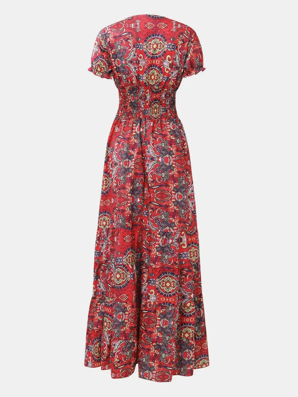Full Size Smocked Printed V-Neck Short Sleeve Dress - minbolu -