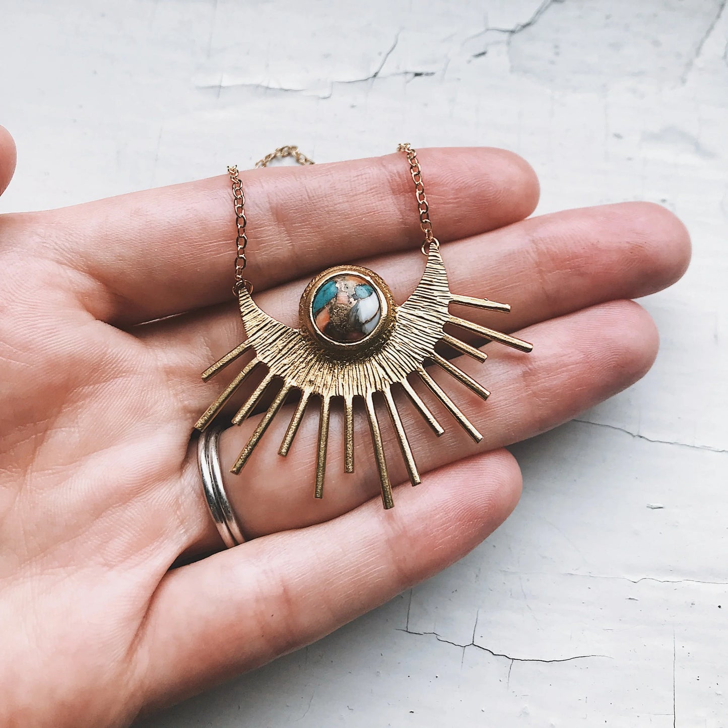 Sun Goddess Necklace - Sun Pendant with Copper Oyster Turquoise - minbolu -