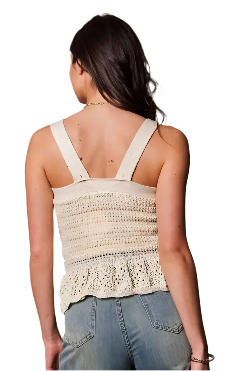 Crochet Wide Strap Peplum Tank - Elegant Knit Top - minbolu -