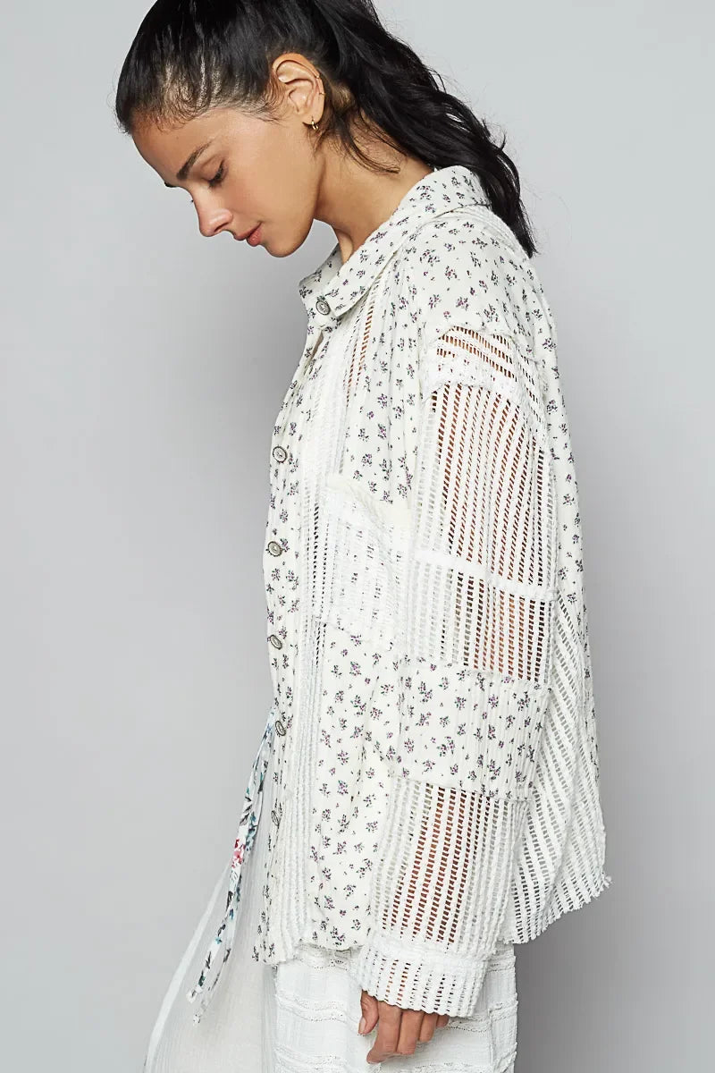 POL Floral Crochet Patchwork Long Sleeve Shirt - minbolu -