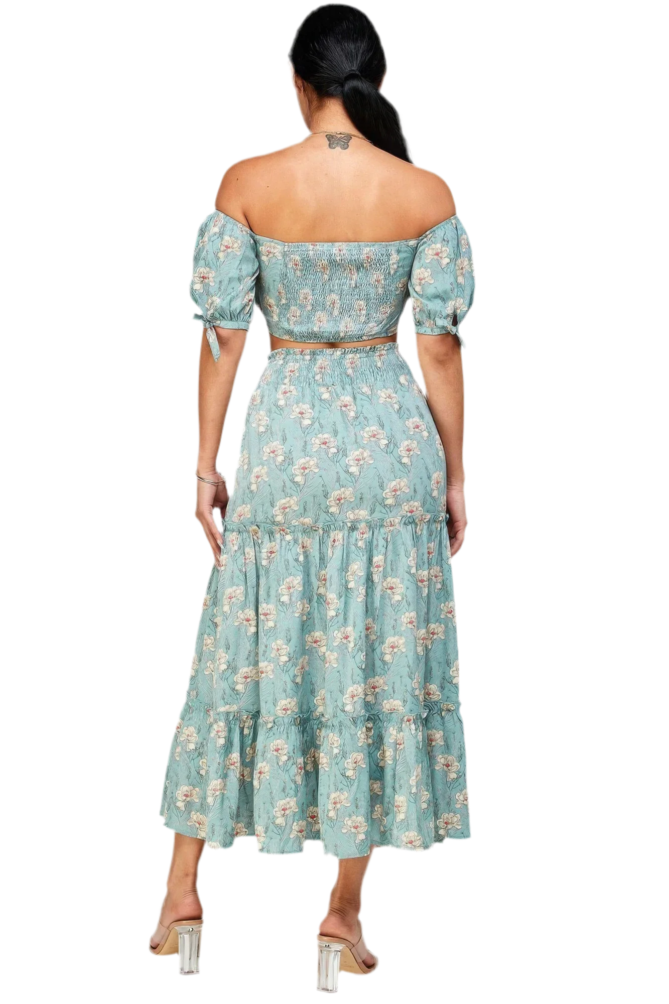 Floral Off Shoulder Top Skirt Set - Mint - minbolu -