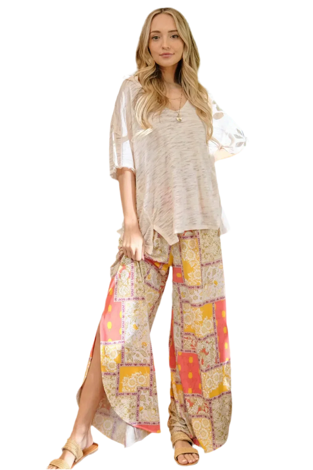 Printed Smocking Waist Side Slit Wide Leg Pants - minbolu -