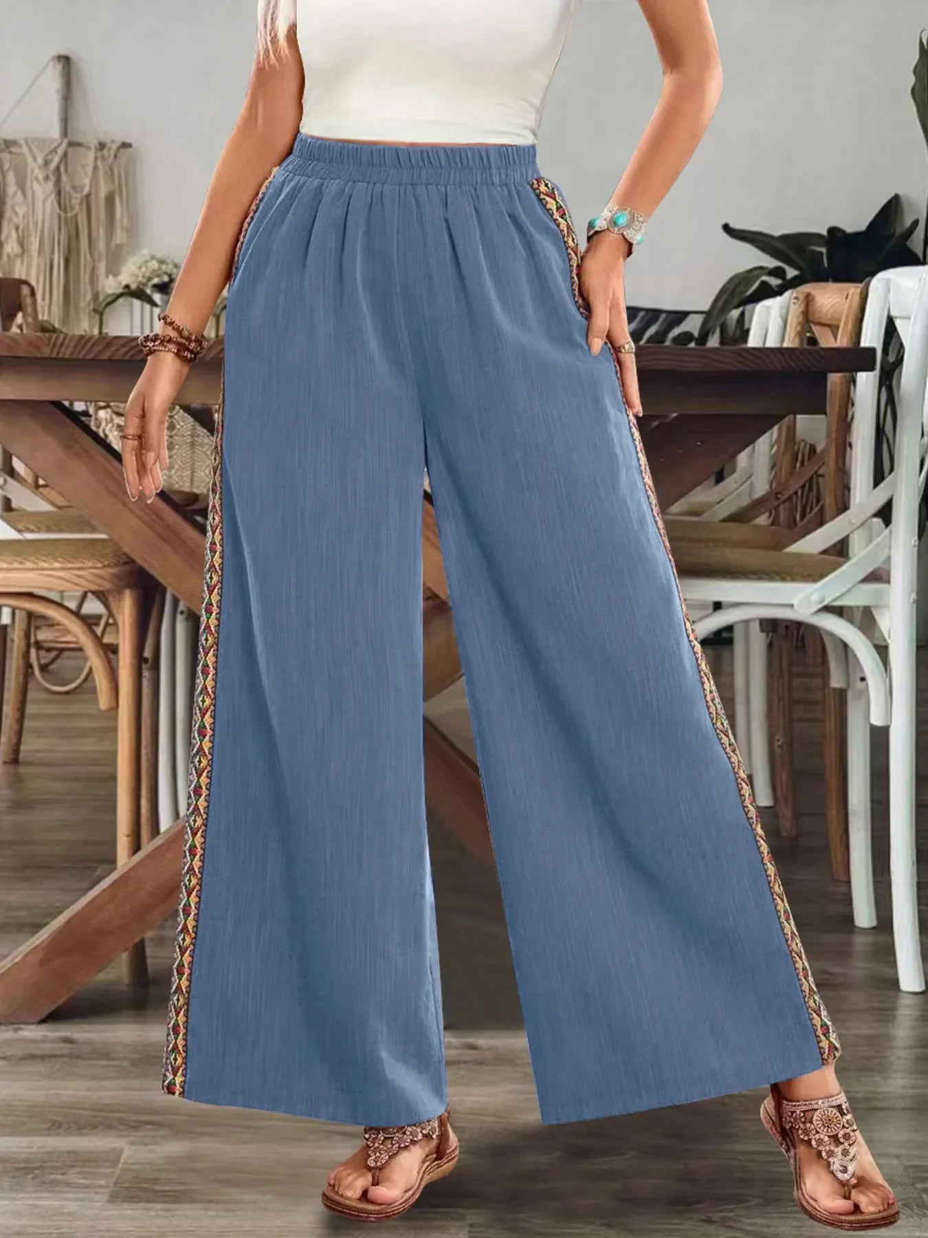 Bohemian Wide Leg Embroidered Side Stripe Pants - minbolu -