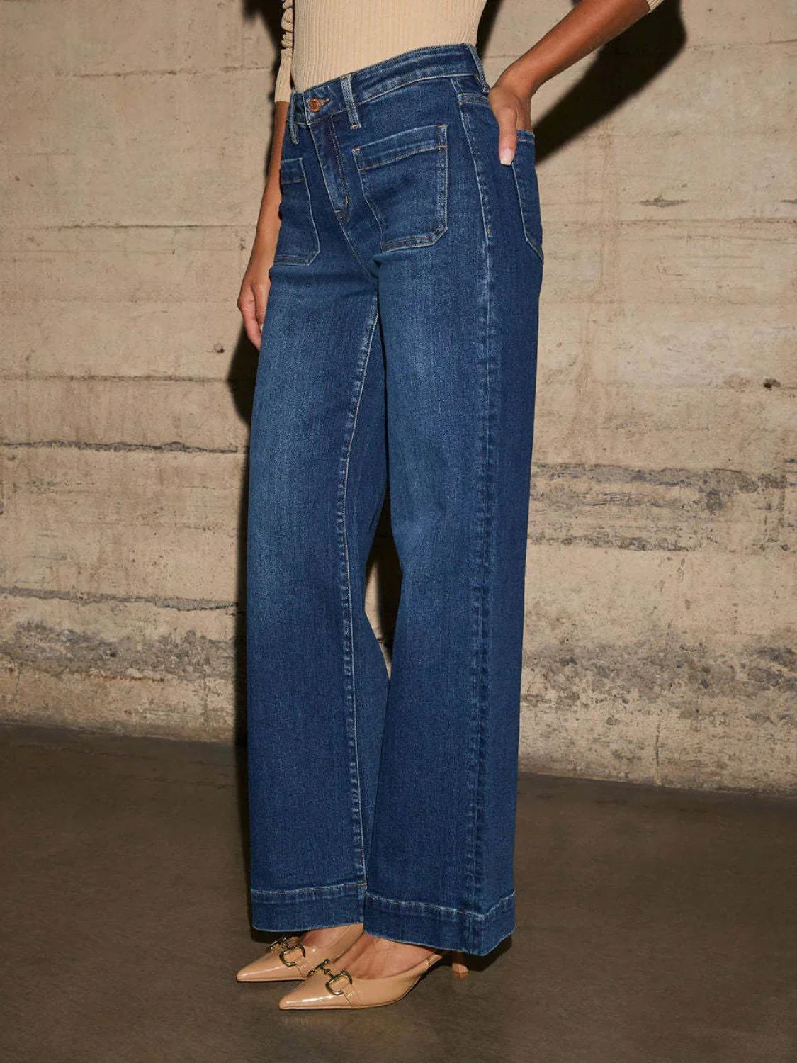 High Rise Wide Leg Jeans with Front Pockets - minbolu -