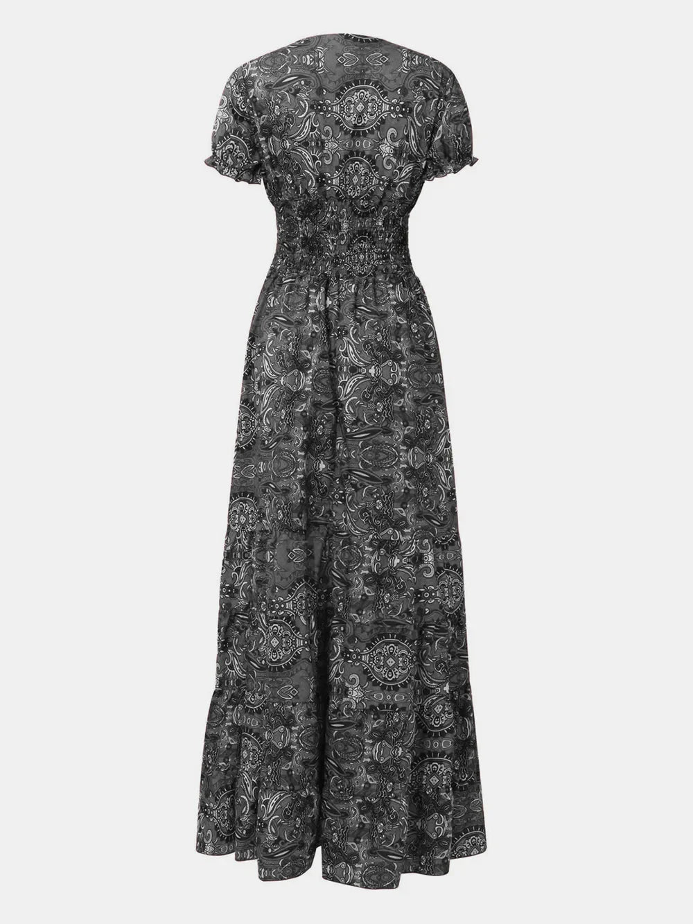 Full Size Smocked Printed V-Neck Short Sleeve Dress - minbolu -